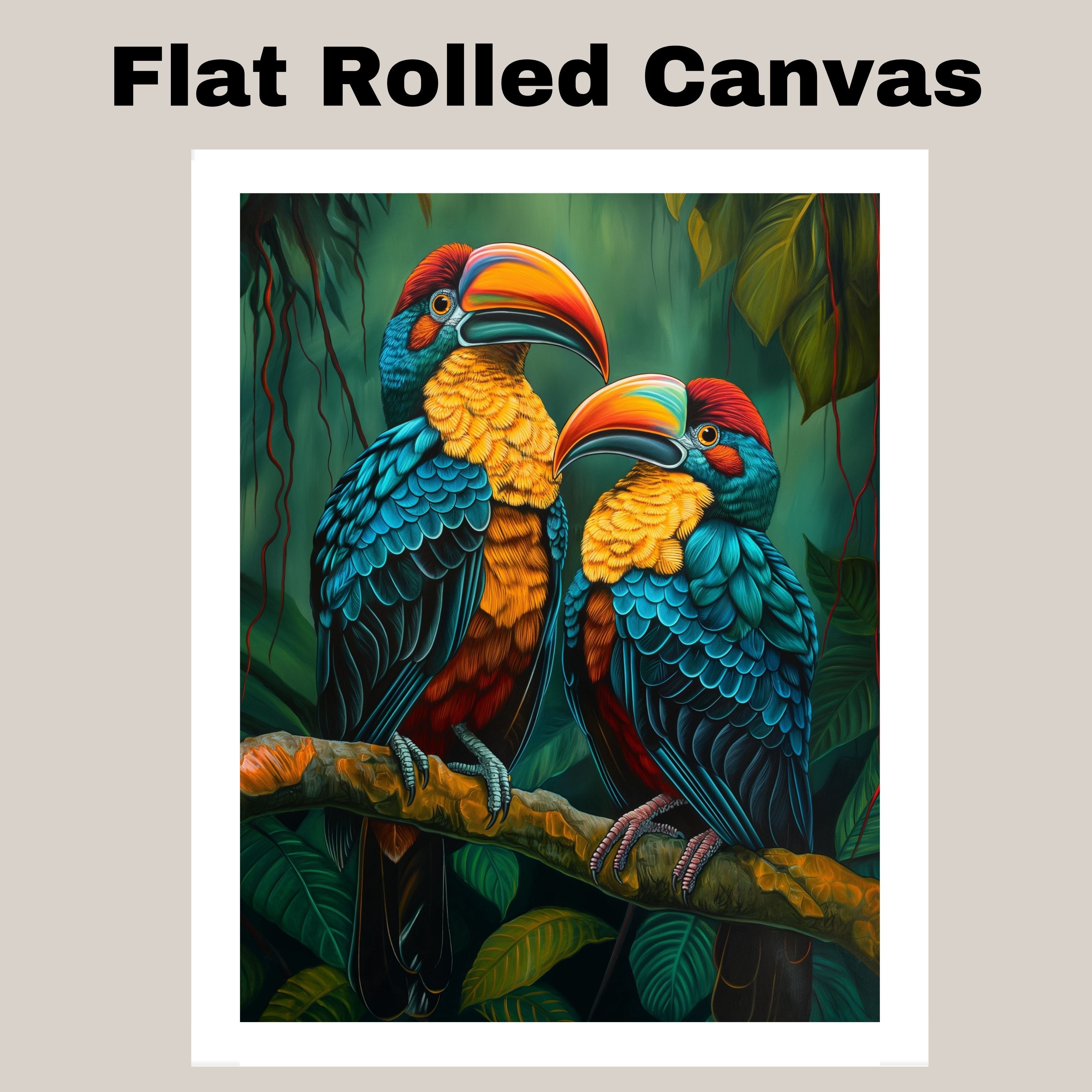 Colorful Toucan Pair Artwork Featuring Bright Beaks and Blue Plumage Perched in Lush Tropical Jungle with Rich Green Foliage and Bold Exotic Bird Details on Ready to Hang 1.5" Thick Canvas Wrap, Floating Framed Canvas, Flat Rolled Canvas