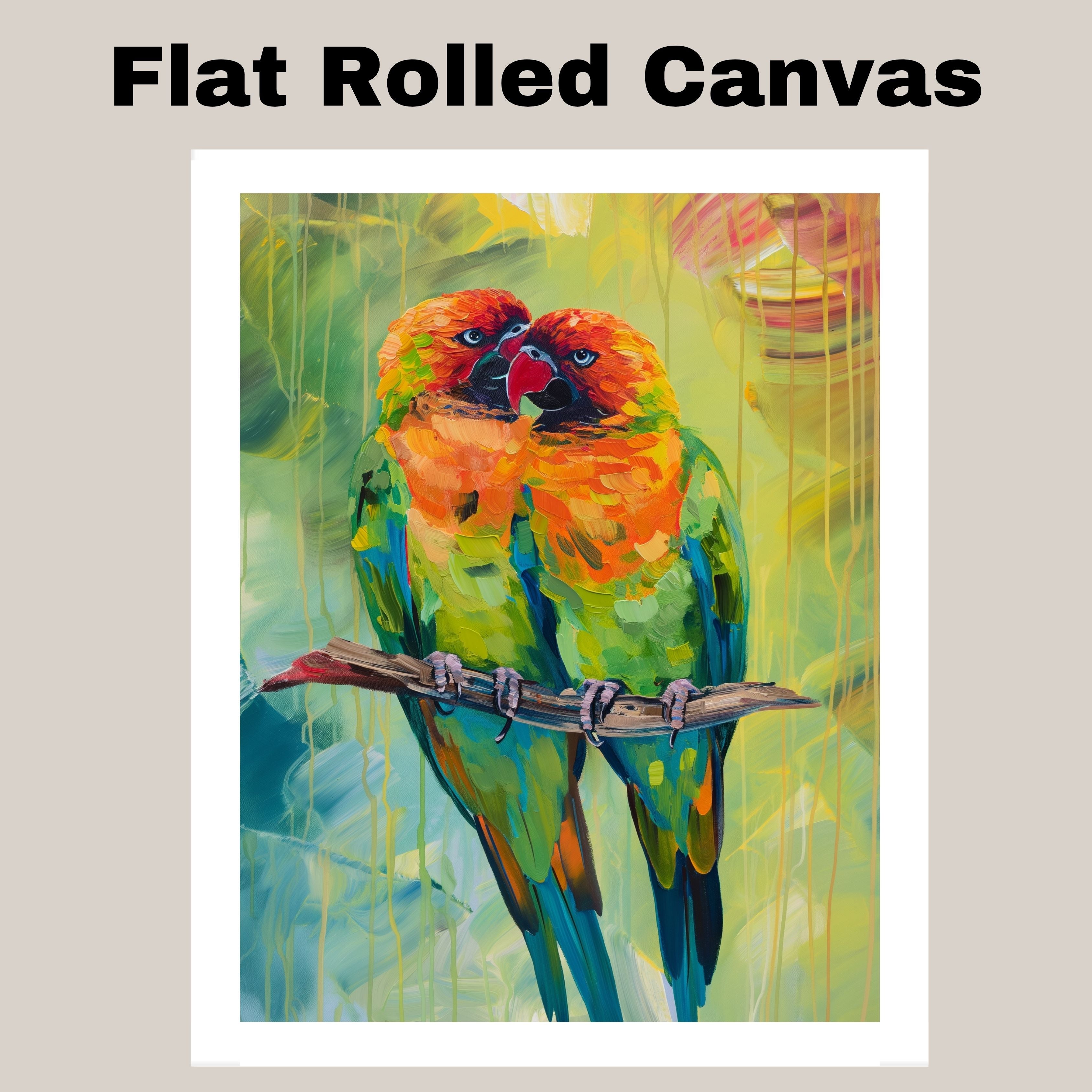 Expressive Parrot Pair Artwork Featuring Bright Orange and Green Feathers on a Branch with Lush Abstract Jungle Background in Bold Textured Brushstrokes on Ready to Hang 1.5" Thick Canvas Wrap, Floating Framed Canvas, Flat Rolled Canvas