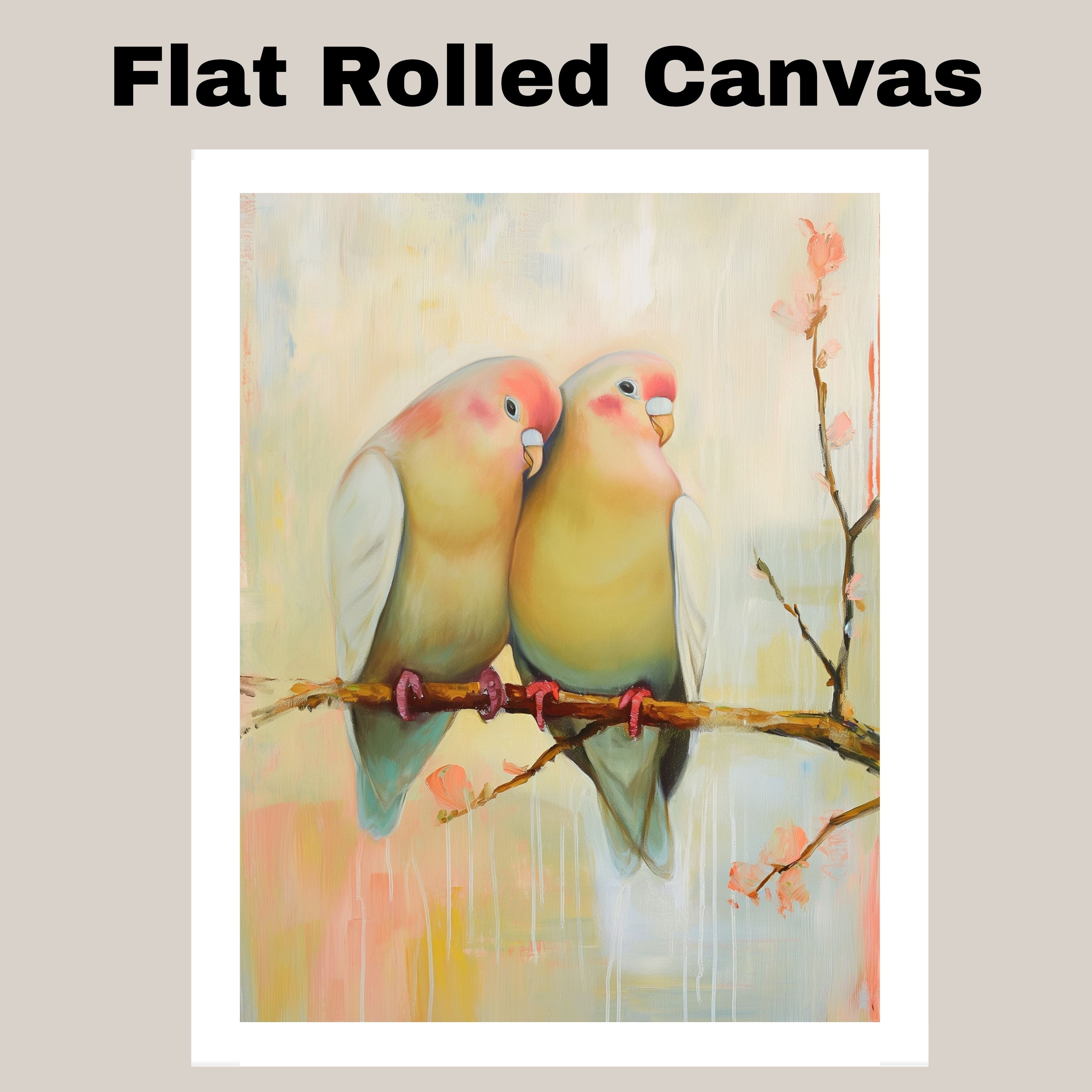 Charming Lovebirds Sitting Close on a Branch with Warm Pastel Floral Background on Ready to Hang 1.5" Thick Canvas Wrap, Floating Framed Canvas, Flat Rolled Canvas