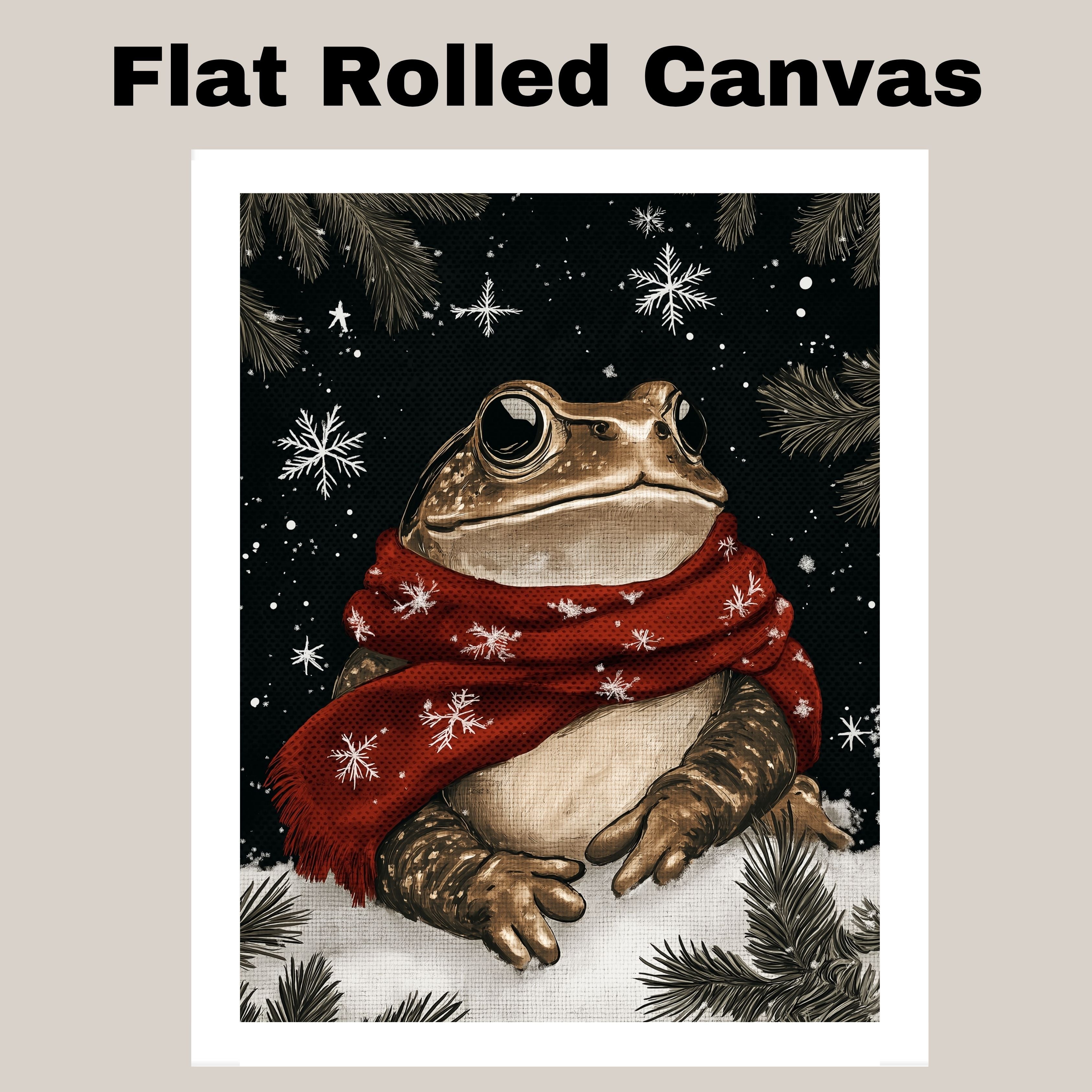 "Frosty Leap Frog" - Frog in Red Scarf Sitting in Snow on Ready to Hang 1.5" Thick Canvas Wrap, Floating Framed Canvas, Flat Rolled Canvas