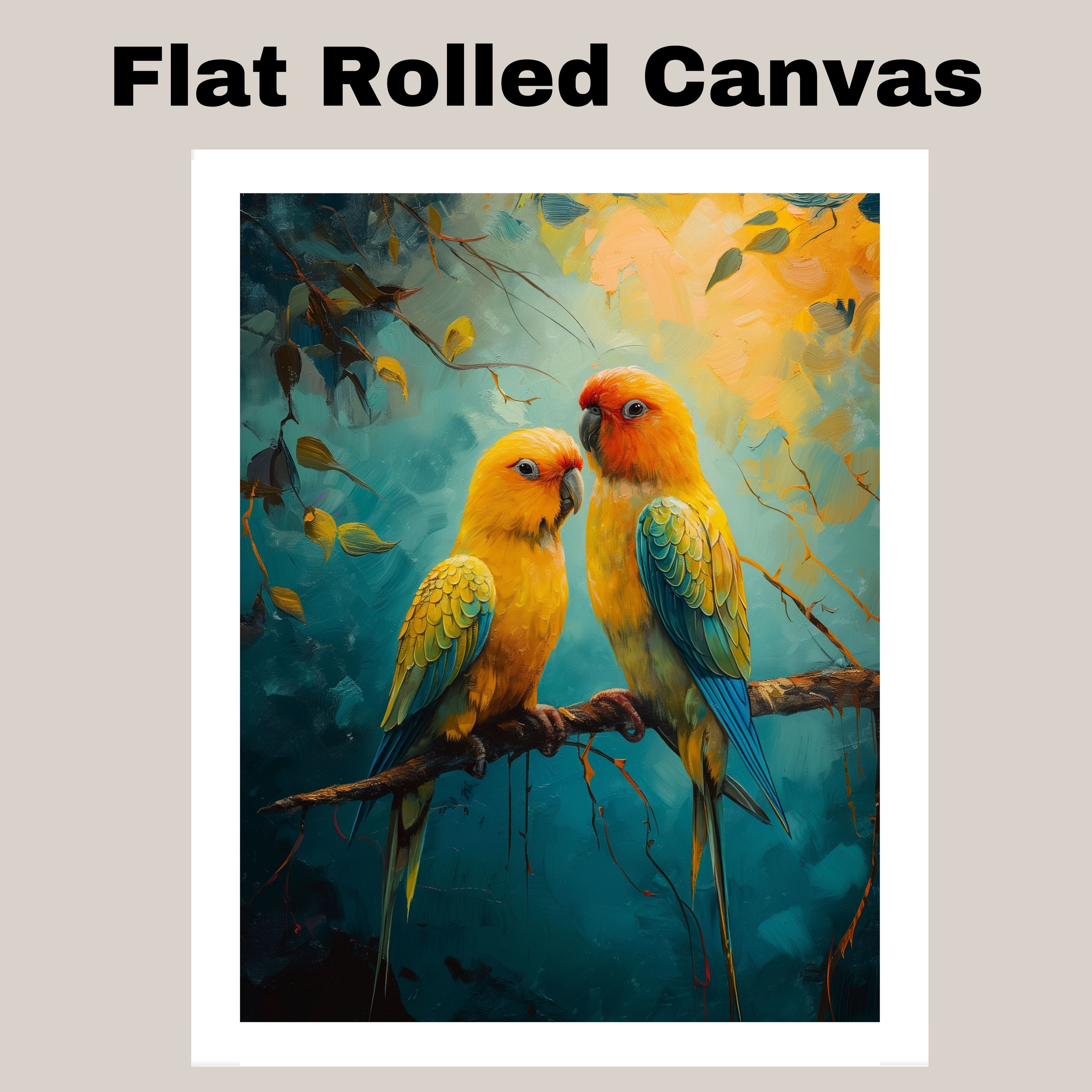 Golden Yellow Lovebirds on a Branch with Bold Jungle Background in Artistic Detail on Ready to Hang 1.5" Thick Canvas Wrap, Floating Framed Canvas, Flat Rolled Canvas