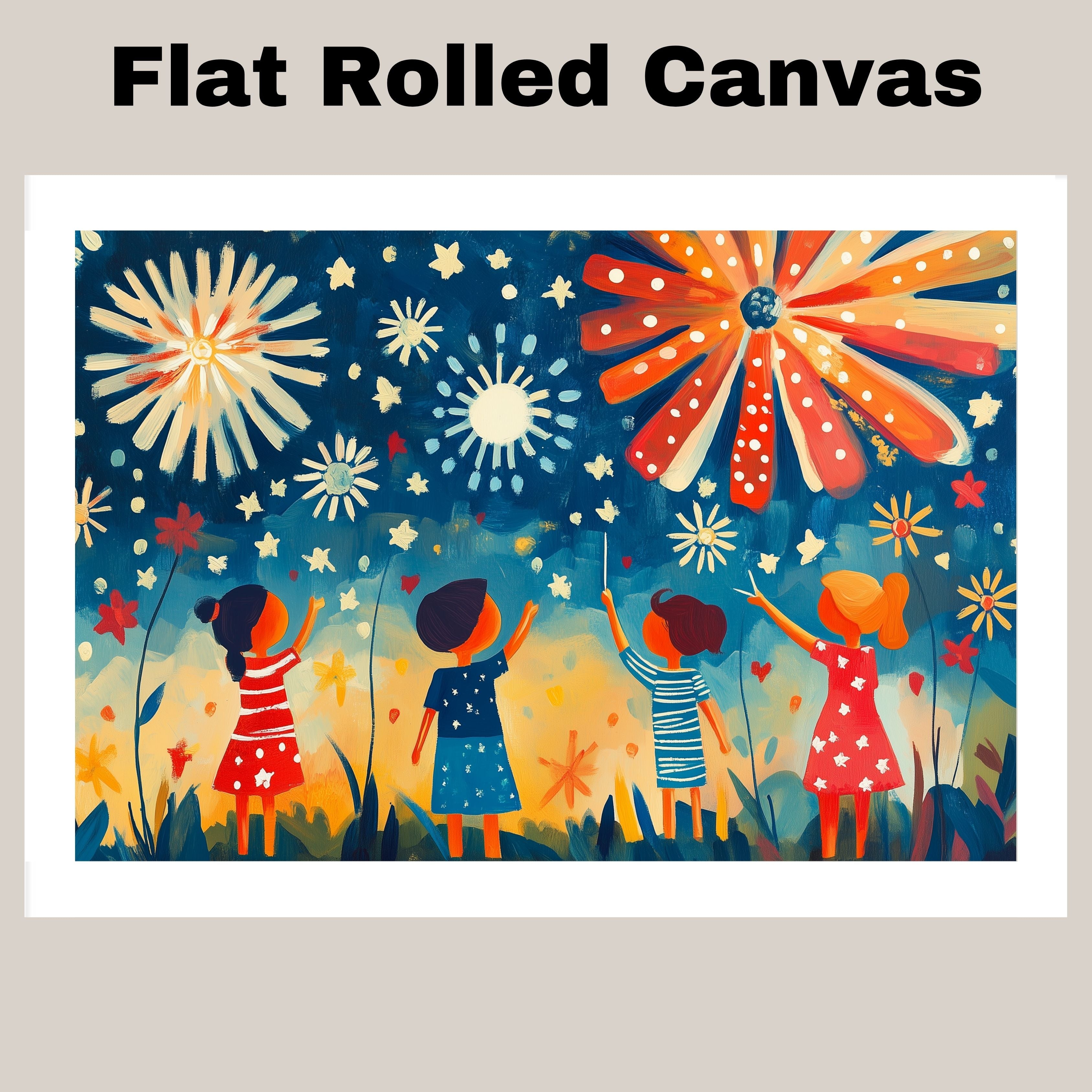 Whimsical Folk Art of Children Watching Fireworks on 4th of July Night, Playful Patriotic Scene with Stars, Bursts of Color, and Red, White, and Blue Outfits on Ready to Hang 1.5" Thick Canvas Wrap, Floating Framed Canvas, Flat Rolled Canvas