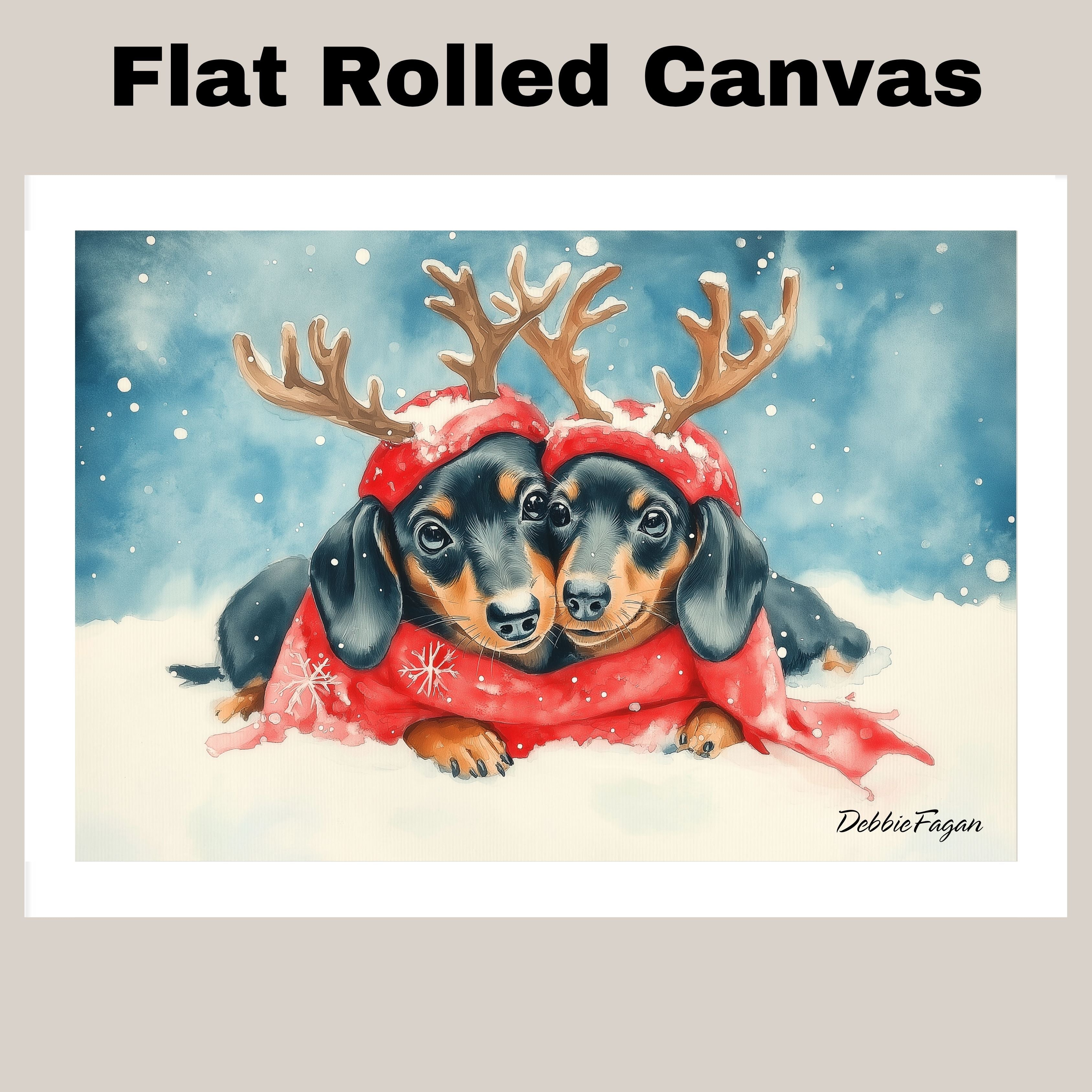 Doxie Christmas Canvas  - "Snowy Snouts" - Cozy Dachshund Dogs with Colorful Antlers in the Winter Snow on Ready to Hang 1.5" Thick Canvas Wrap, Floating Framed Canvas, Flat Rolled Canvas