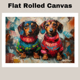 Dachshund Christmas Canvas - "Wiener Doxie Duo Charm" - Cozy Sweater Pair on Abstract Oil-Style Background on Ready to Hang 1.5" Thick Canvas Wrap, Floating Framed Canvas, Flat Rolled Canvas