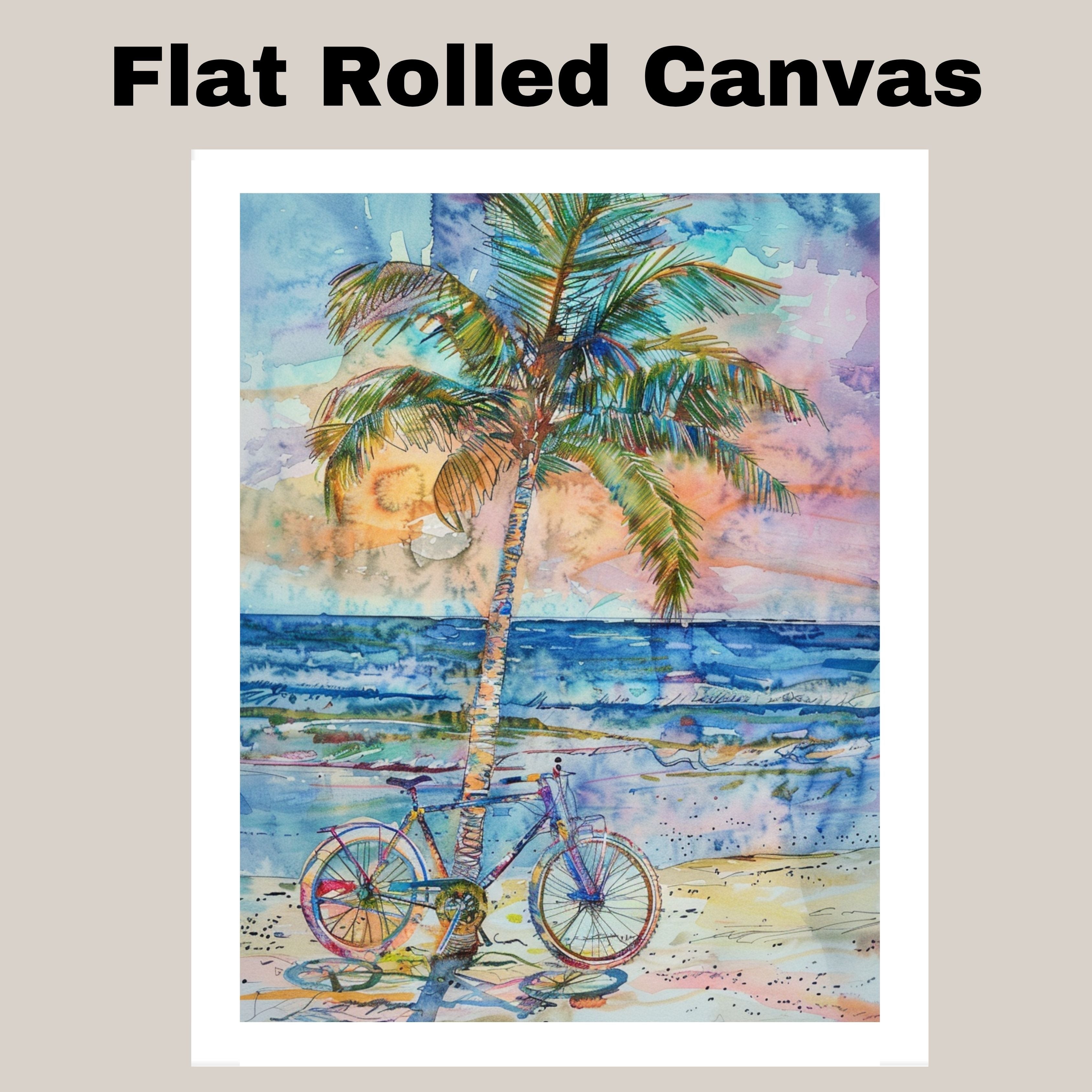 Palm Tree and Bicycle on the Beach Watercolor Painting with Vibrant Ocean Sunset on Ready to Hang 1.5" Thick Canvas Wrap, Floating Framed Canvas, Flat Rolled Canvas
