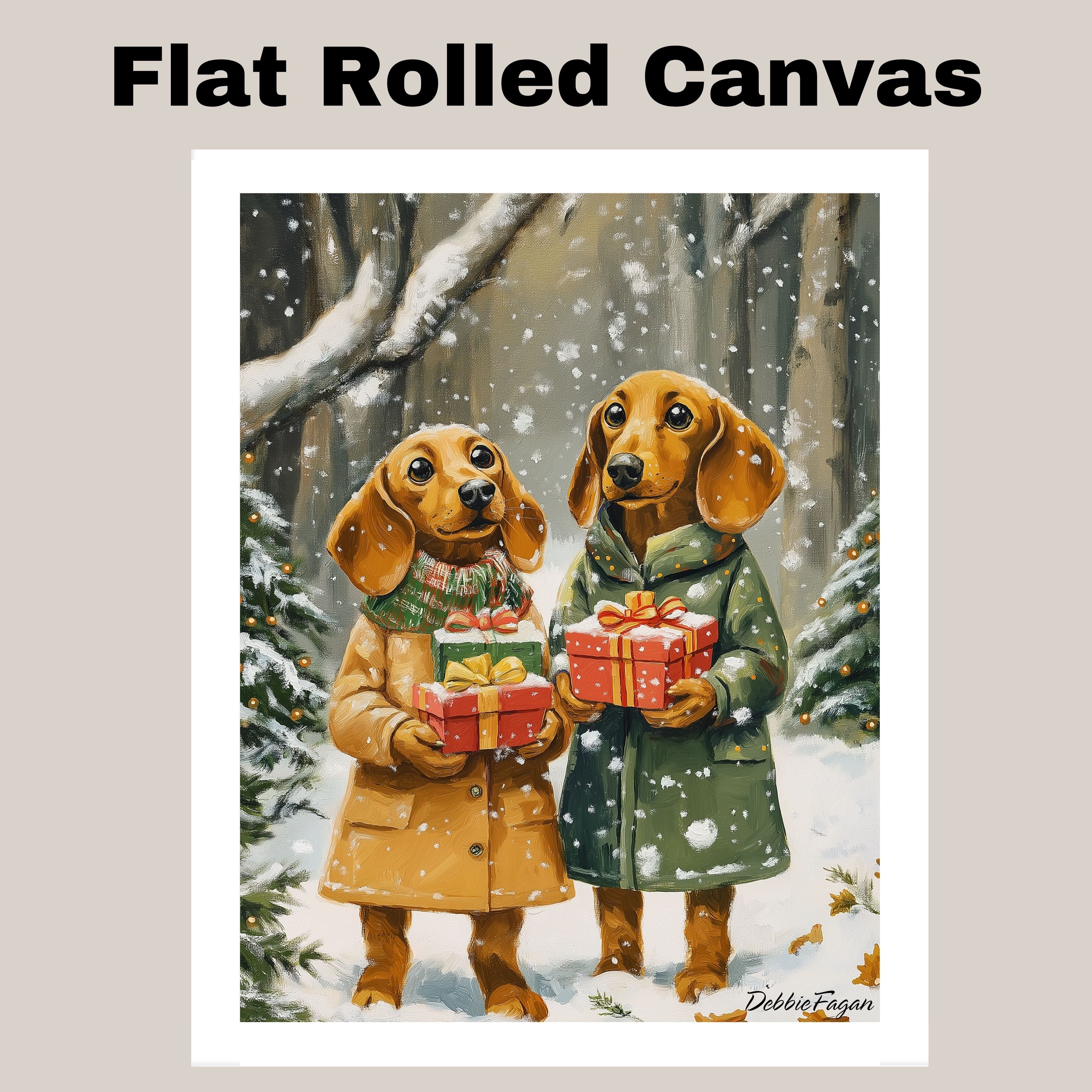 "Gift of Joy" - Dachshund Dogs in Cozy Winter Coats Holding Gifts in Snowy Forest, Ready to Hang 1.5" Thick Canvas Wrap, Floating Framed Canvas, Flat Rolled Canvas