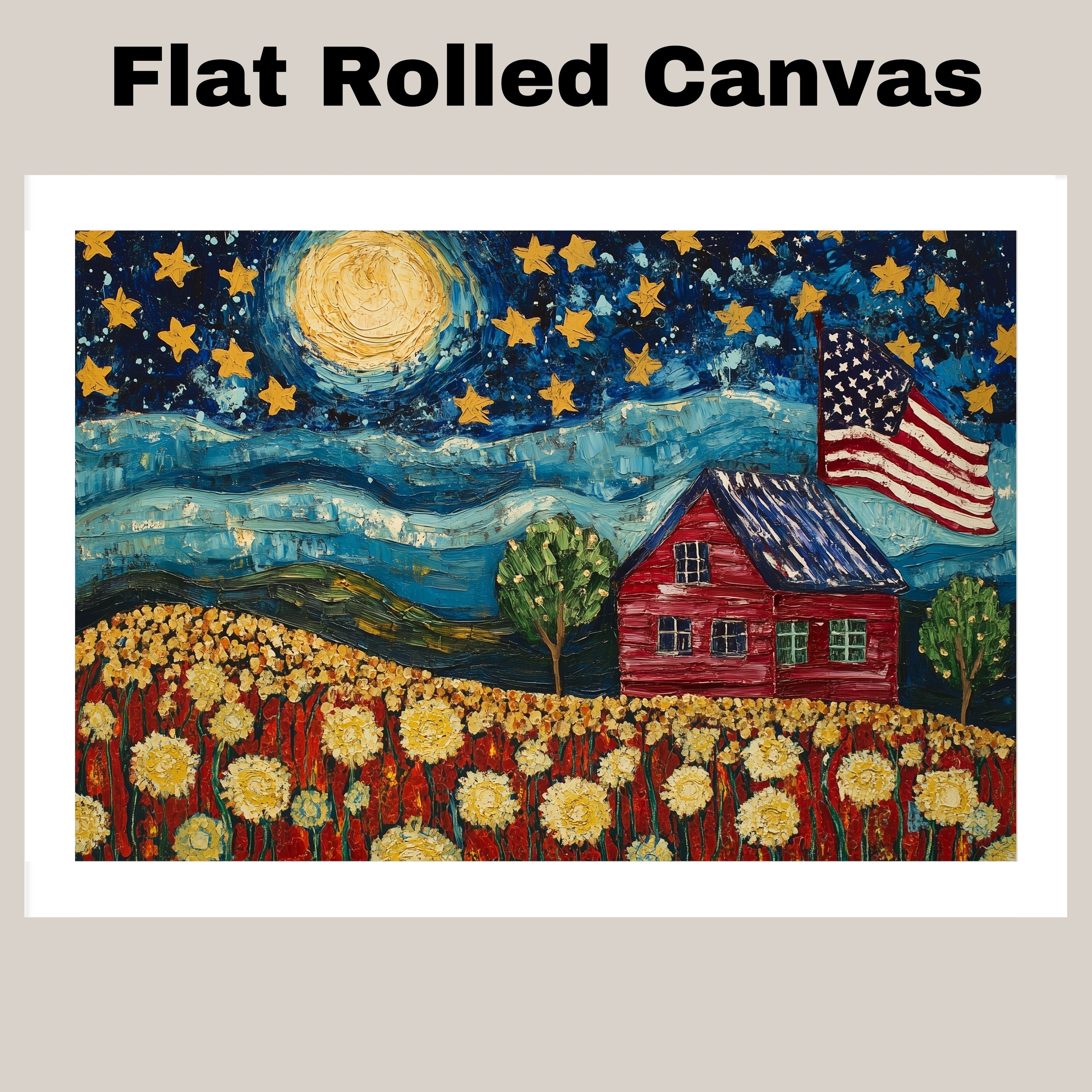 Patriotic Farmhouse Under Starry Sky with American Flag and Flower Field, Folk Art Style 4th of July Scene in Bold Colors and Textured Brushstrokes on Ready to Hang 1.5" Thick Canvas Wrap, Floating Framed Canvas, Flat Rolled Canvas