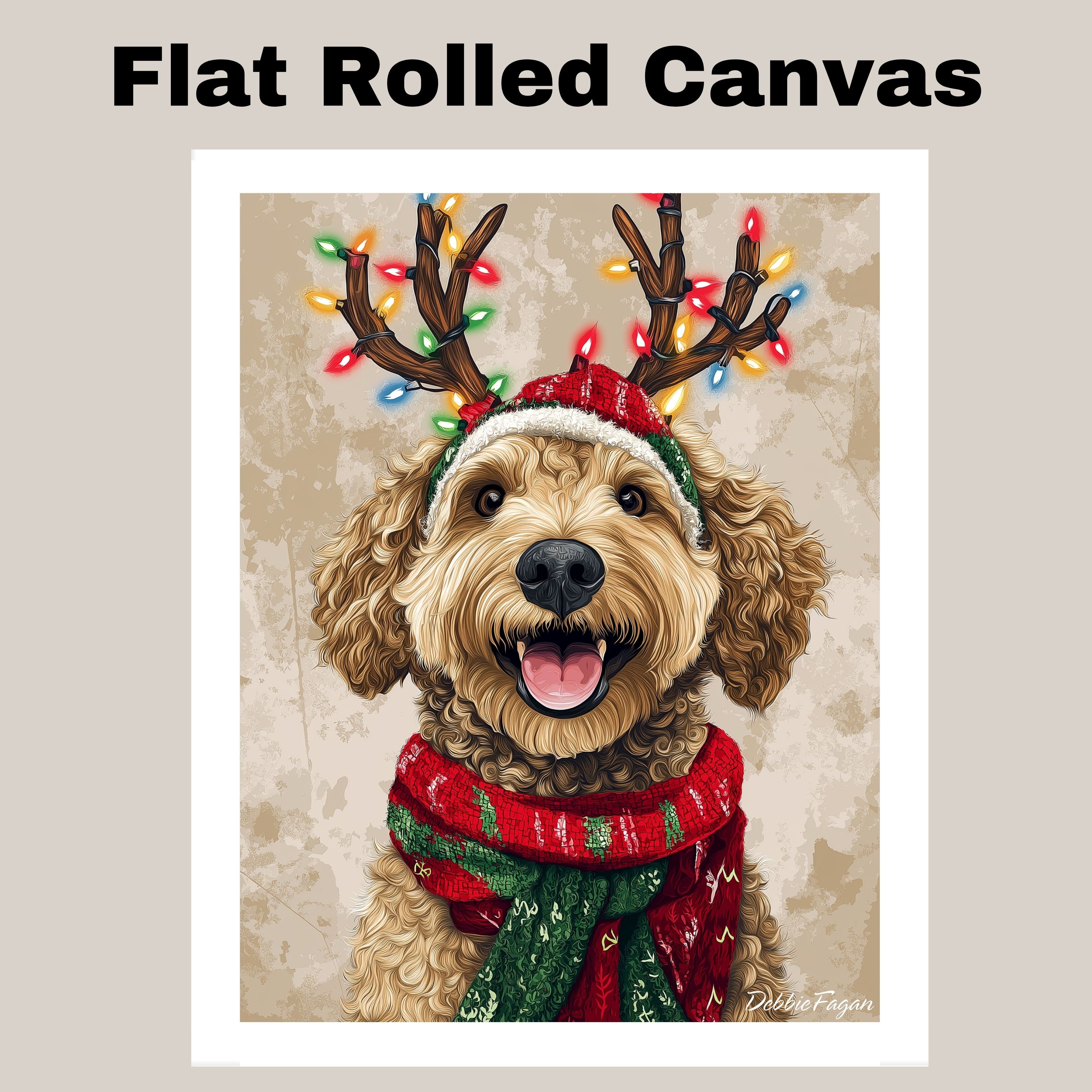 'Rustic Glow' - Bernedoodle Dog with Twinkling Antlers & Holiday Scarf on Rustic Background, Ready to Hang 1.5" Thick Canvas Wrap, Floating Framed Canvas, Flat Rolled Canvas