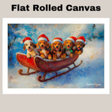 Dog Christmas Canvas  - "Puppy Joyride" - Adorable Puppies in Santa Hats on a Sleigh in Winter Wonderland on Ready to Hang 1.5" Thick Canvas Wrap, Floating Framed Canvas, Flat Rolled Canvas