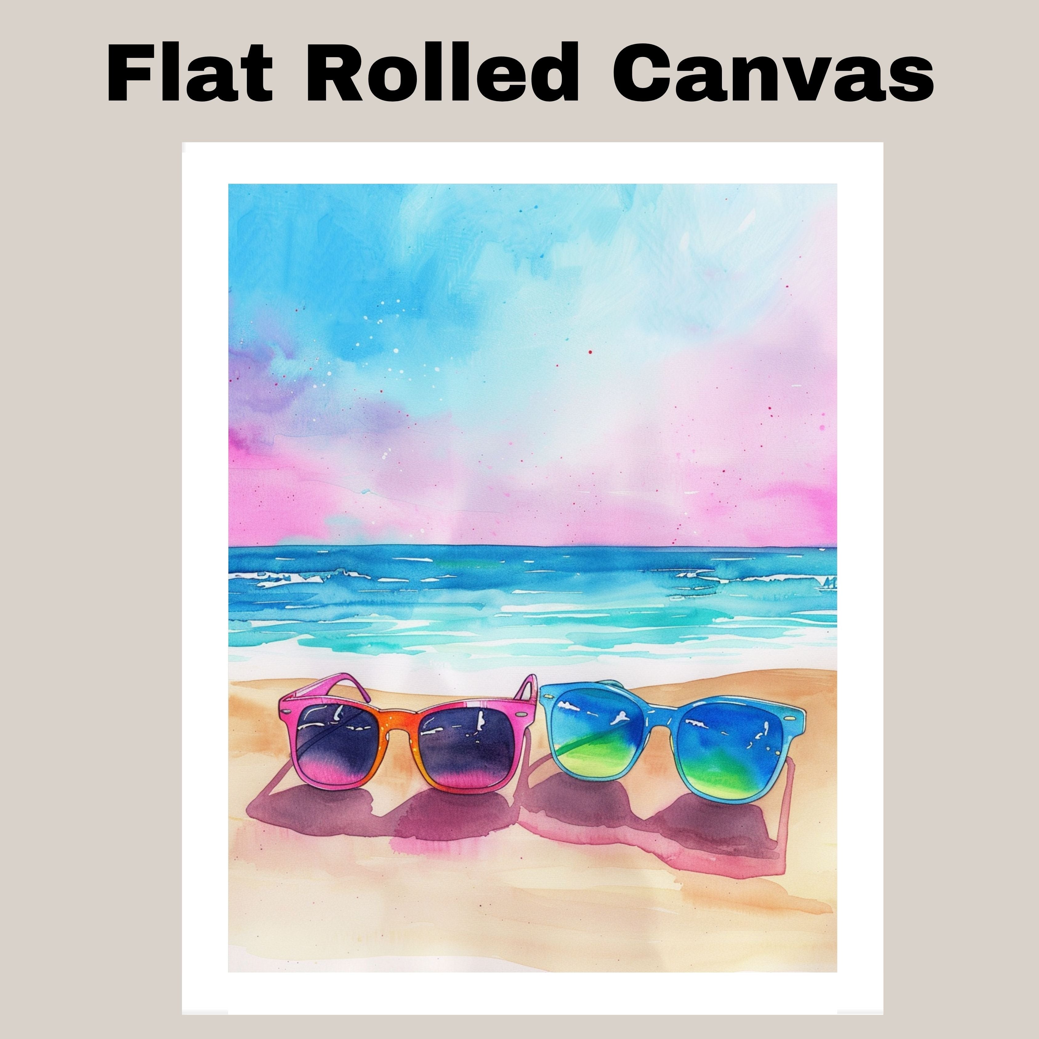 Colorful Sunglasses on Sandy Beach with Vibrant Ocean Waves and Pink Blue Sky in Watercolor Summer Coastal Illustration on Ready to Hang 1.5" Thick Canvas Wrap, Floating Framed Canvas, Flat Rolled Canvas