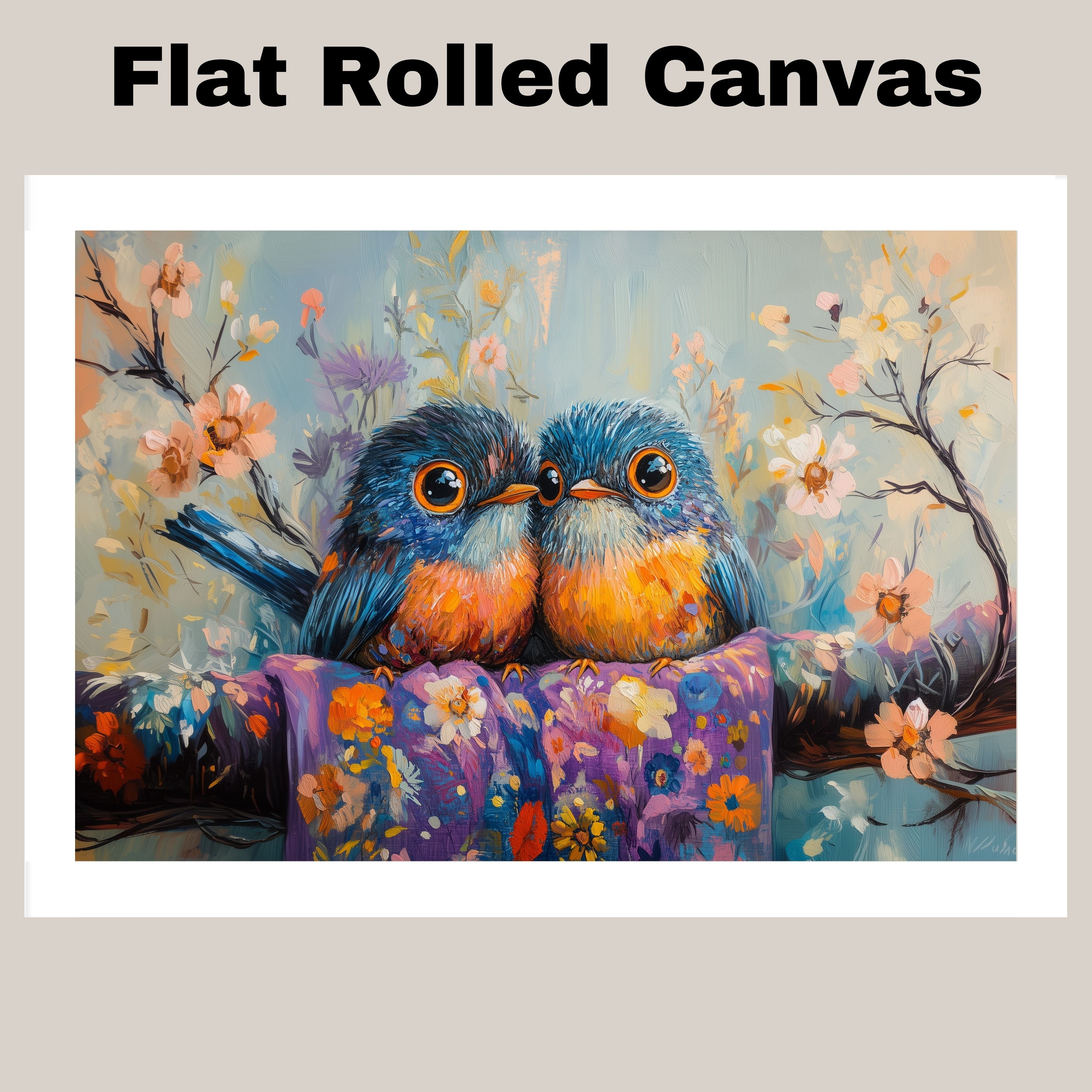 Painting of Two Colorful Plump Birds Sitting Close Together on a Flower Covered Branch with Bright Feathers and Big Eyes in a Playful Springtime Floral Scene on Ready to Hang 1.5" Thick Canvas Wrap, Floating Framed Canvas, Flat Rolled Canvas