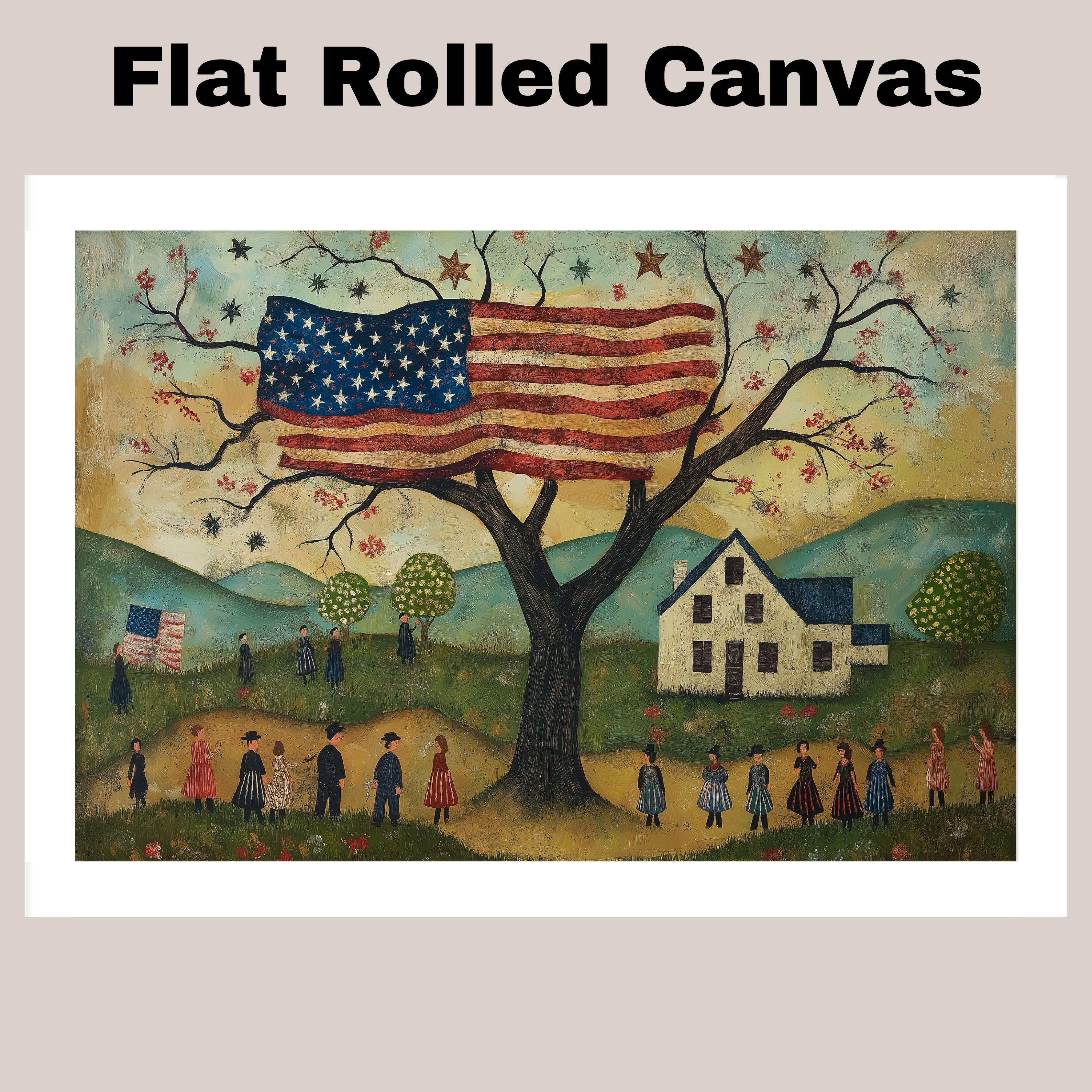 Charming Folk Art Scene of 4th of July Celebration with American Flag Tree, Village Parade, and Country Landscape in a Whimsical Patriotic Americana Style on Ready to Hang 1.5" Thick Canvas Wrap, Floating Framed Canvas, Flat Rolled Canvas