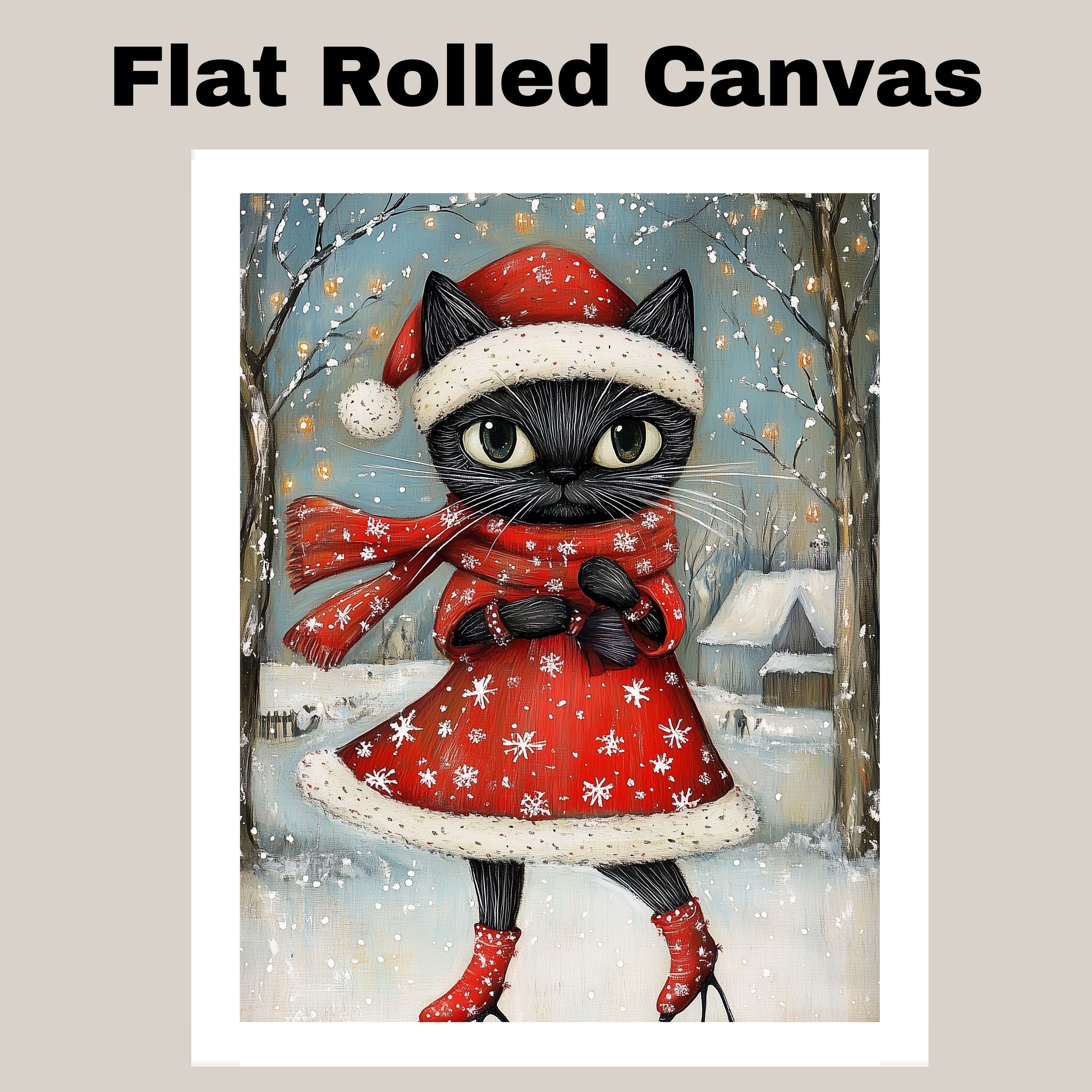 Christmas Wall Art Featuring Cute Black Cat in Red Santa Dress Ice Skating Through a Snowy Forest Whimsical Holiday Illustration for Winter Decor and Cat Lovers on Ready to Hang 1.5" Thick Canvas Wrap, Floating Framed Canvas, Flat Rolled Canvas