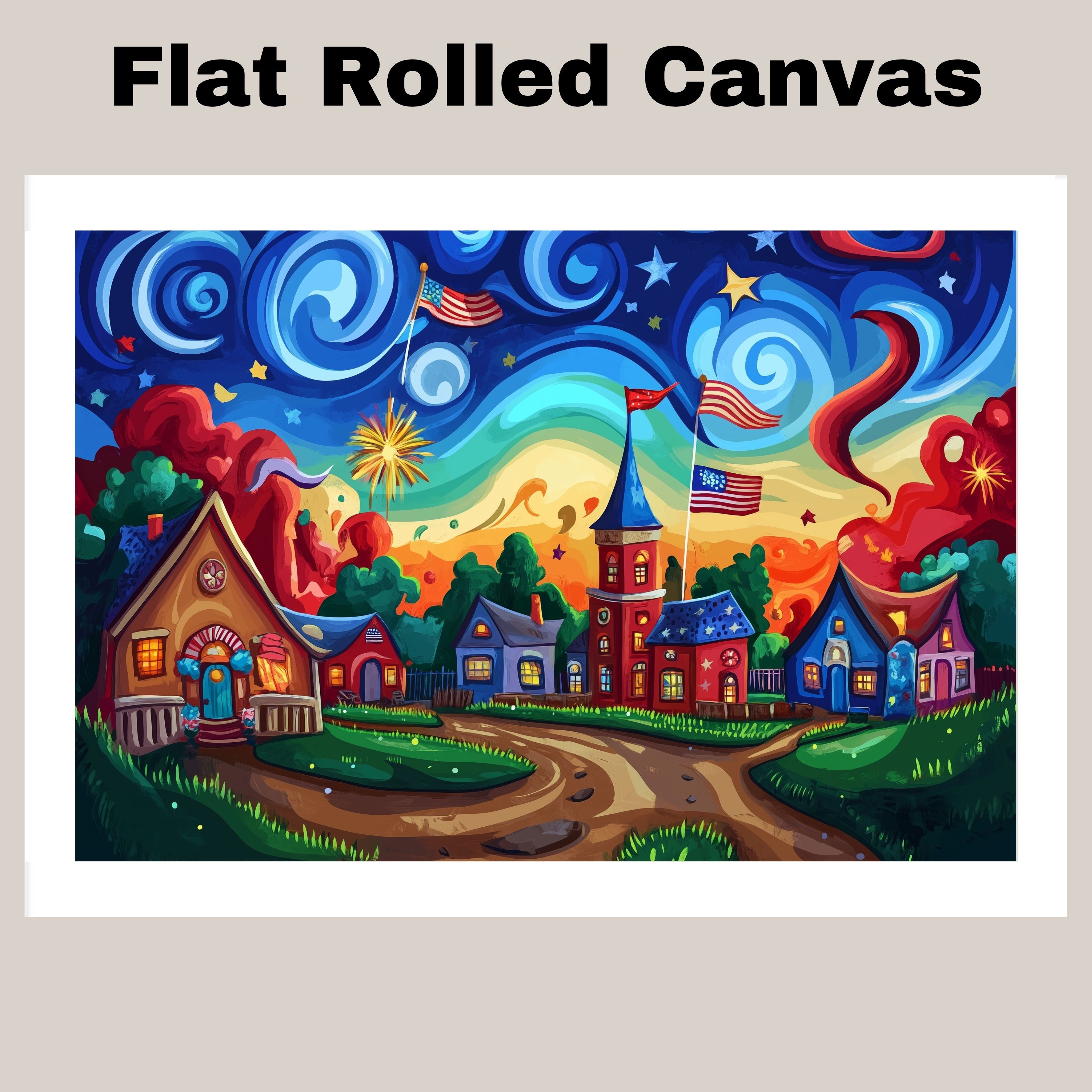 Colorful 4th of July Village with Fireworks, American Flags, and Swirling Sky, Whimsical Sunset Scene with Bold Colors and Playful Patriotic Celebration on Ready to Hang 1.5" Thick Canvas Wrap, Floating Framed Canvas, Flat Rolled Canvas