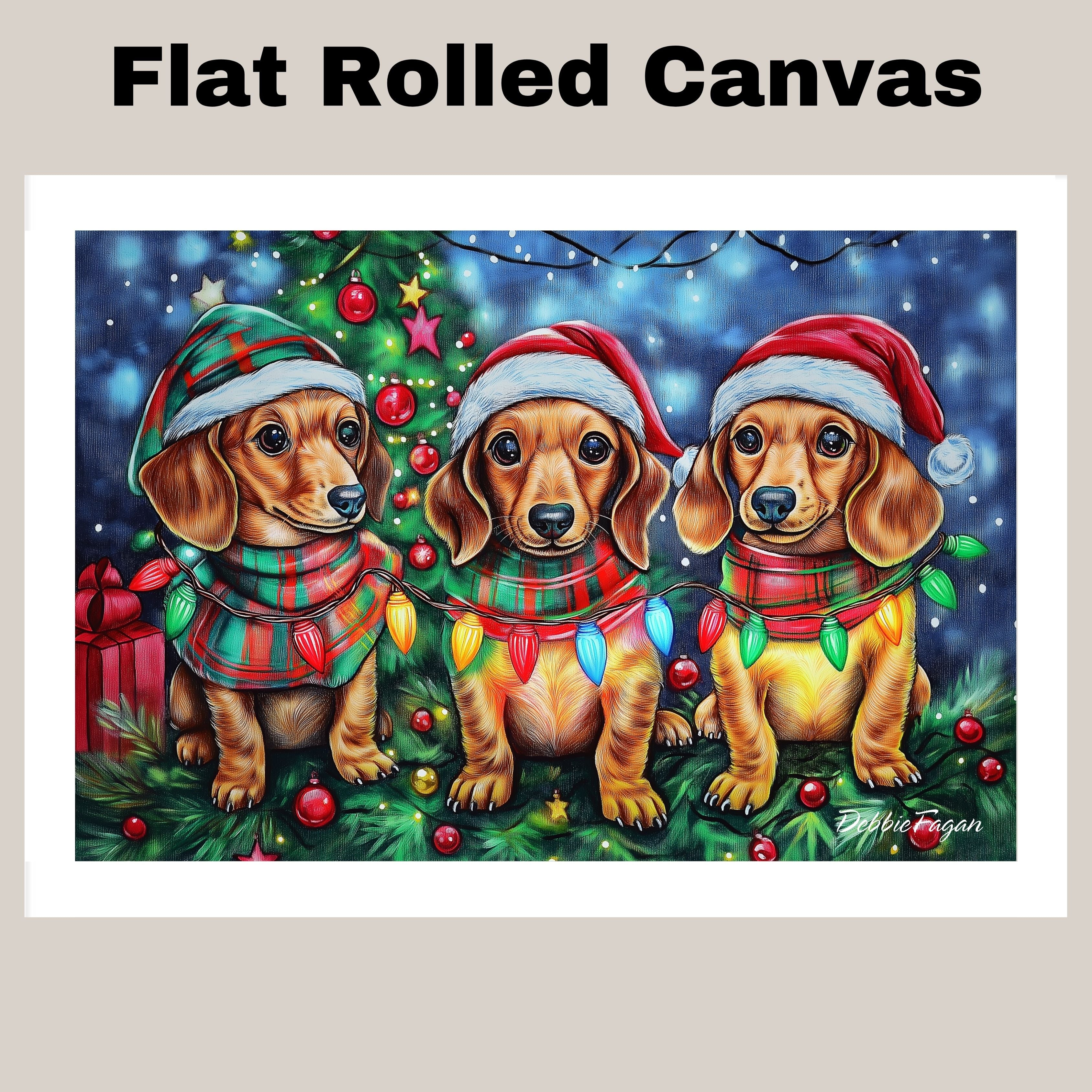 Doxie Christmas Canvas - "Wiener Wonder" - Festive Pups in Cozy Winter Wear Dressed with Twinkling Christmas Lights on Ready to Hang 1.5" Thick Canvas Wrap, Floating Framed Canvas, Flat Rolled Canvas