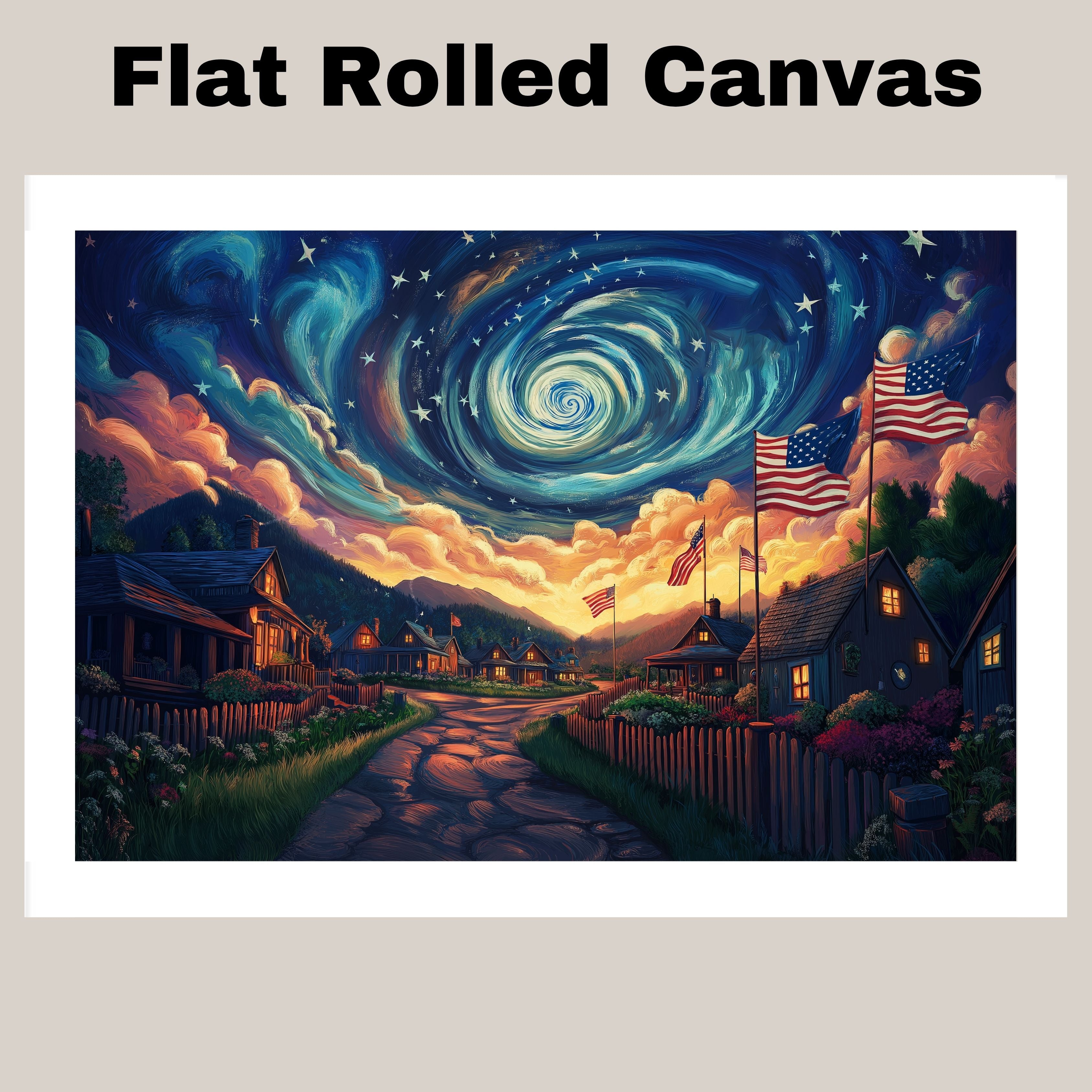 Patriotic Village with Glowing Homes, American Flags, and Swirling Sky at Sunset, Whimsical 4th of July Scene with Stars, Mountains, and Radiant Colors on Ready to Hang 1.5" Thick Canvas Wrap, Floating Framed Canvas, Flat Rolled Canvas