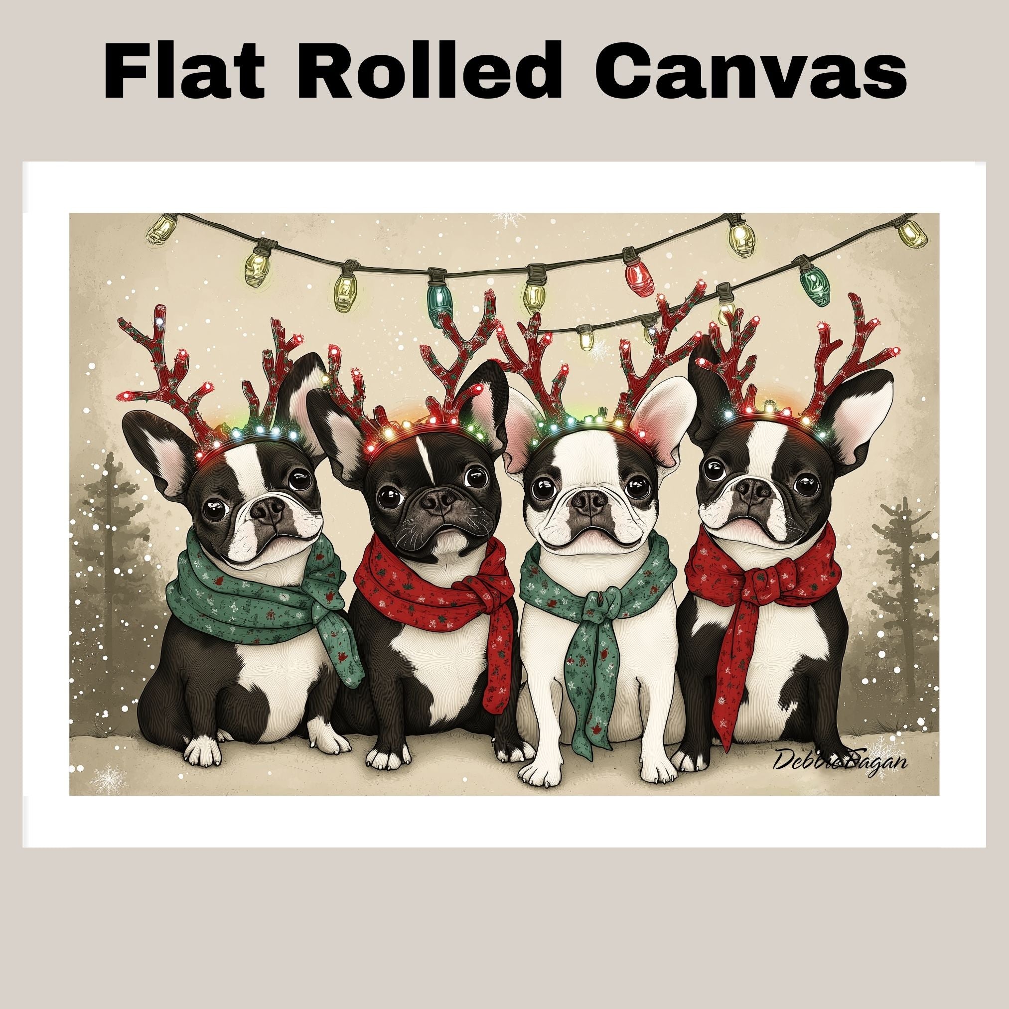 French Bulldogs Christmas Canvas - "Frenchie Bliss" - Wearing Colorful Bulb Reindeer Antlers on Snowy Background on Ready to Hang 1.5" Thick Canvas Wrap, Floating Framed Canvas, Flat Rolled Canvas