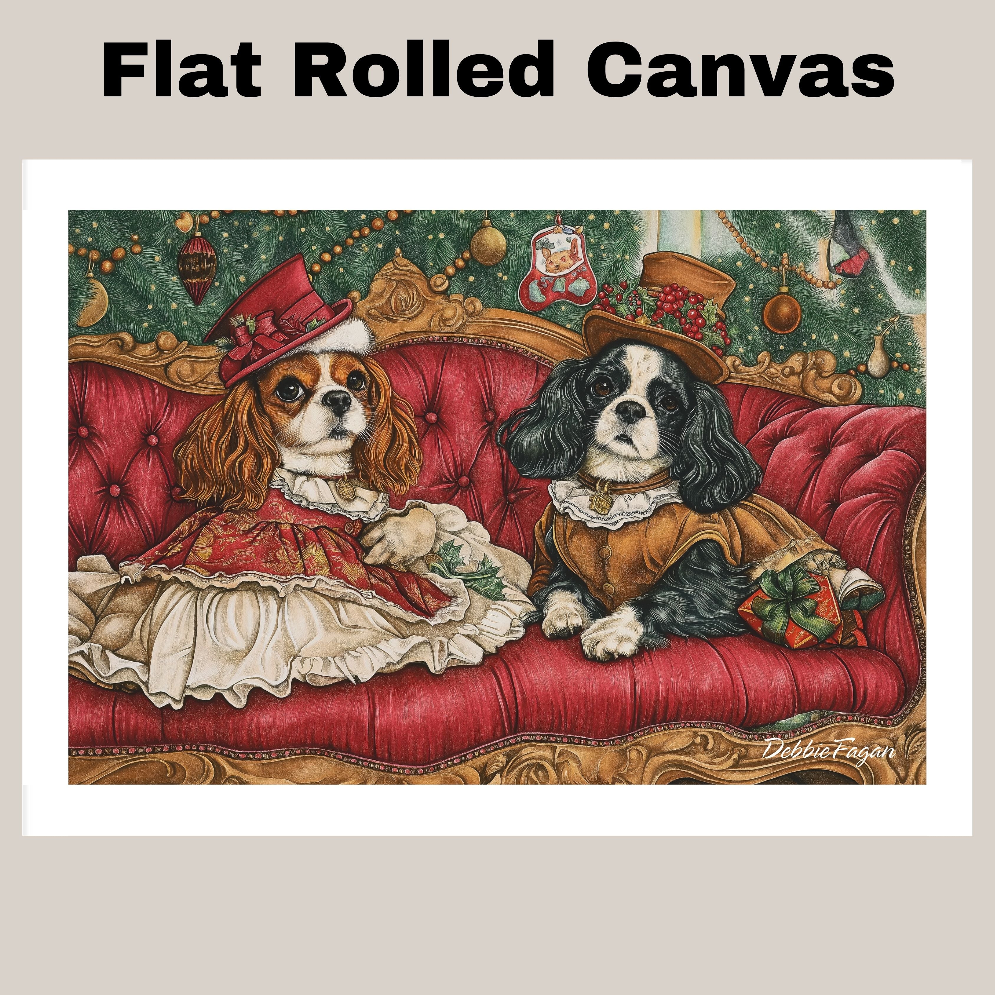 ÒRoyal CompanionsÓ - Cavalier King Charles Spaniels Dressed in Elegant Victorian Attire on Cozy Couch on Ready to Hang 1.5" Thick Canvas Wrap, Floating Framed Canvas, Flat Rolled Canvas