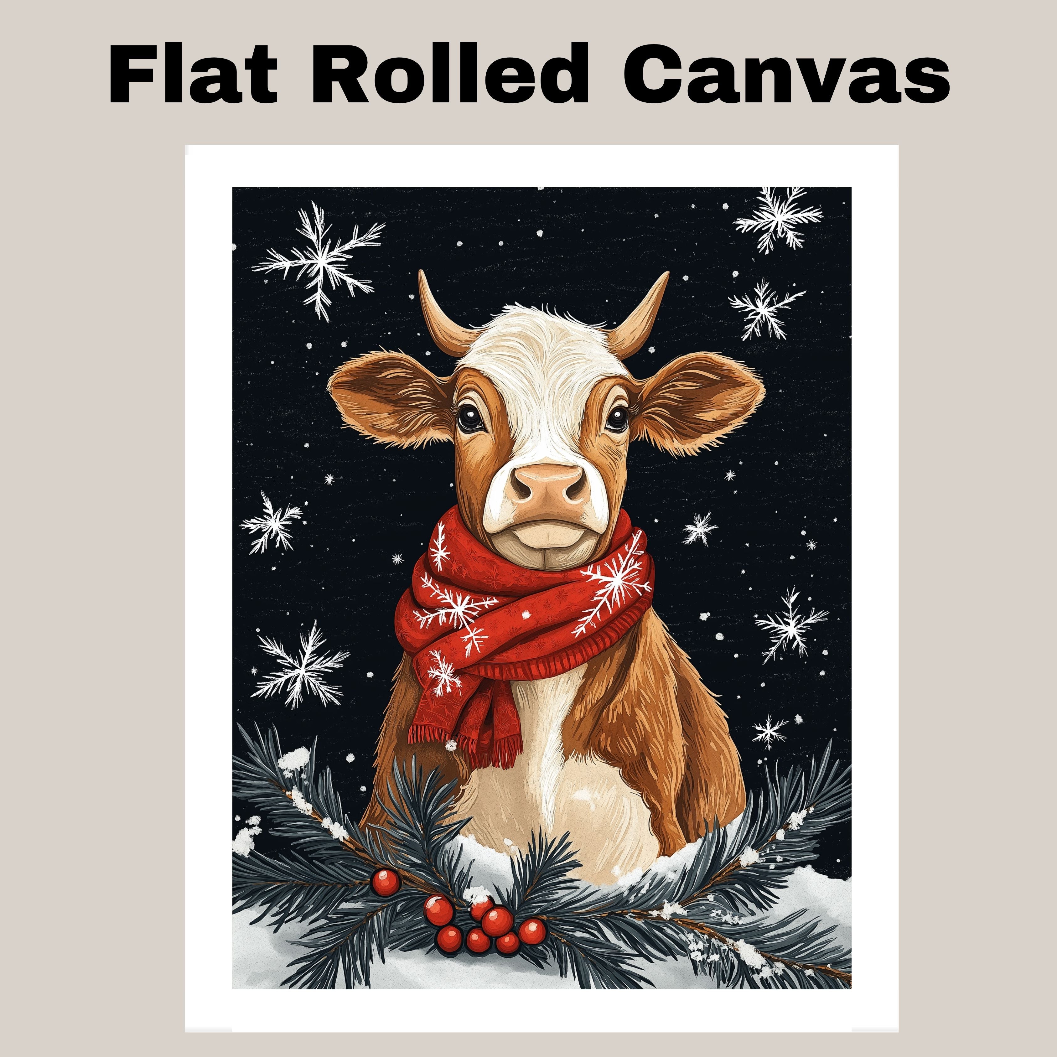 "Winter Bliss Cow" - Cow in Red Scarf Sitting in Snow on Ready to Hang 1.5" Thick Canvas Wrap, Floating Framed Canvas, Flat Rolled Canvas