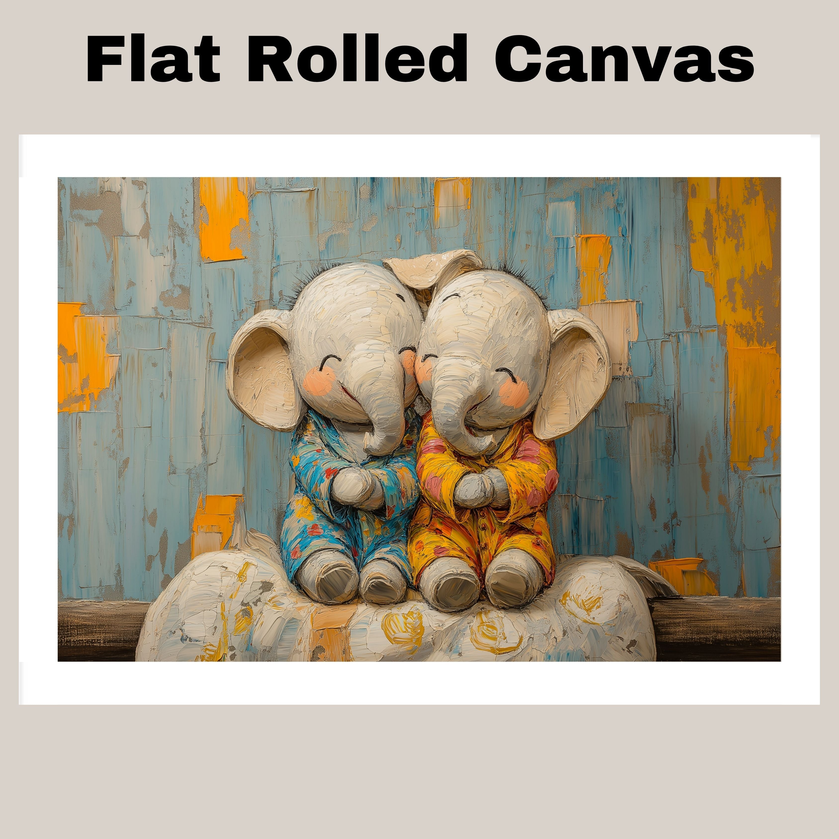 Adorable Painting of Two Baby Elephants Snuggling in Pajamas with Happy Expressions and a Colorful Textured Background in Warm Blue and Orange Tones on Ready to Hang 1.5" Thick Canvas Wrap, Floating Framed Canvas, Flat Rolled Canvas