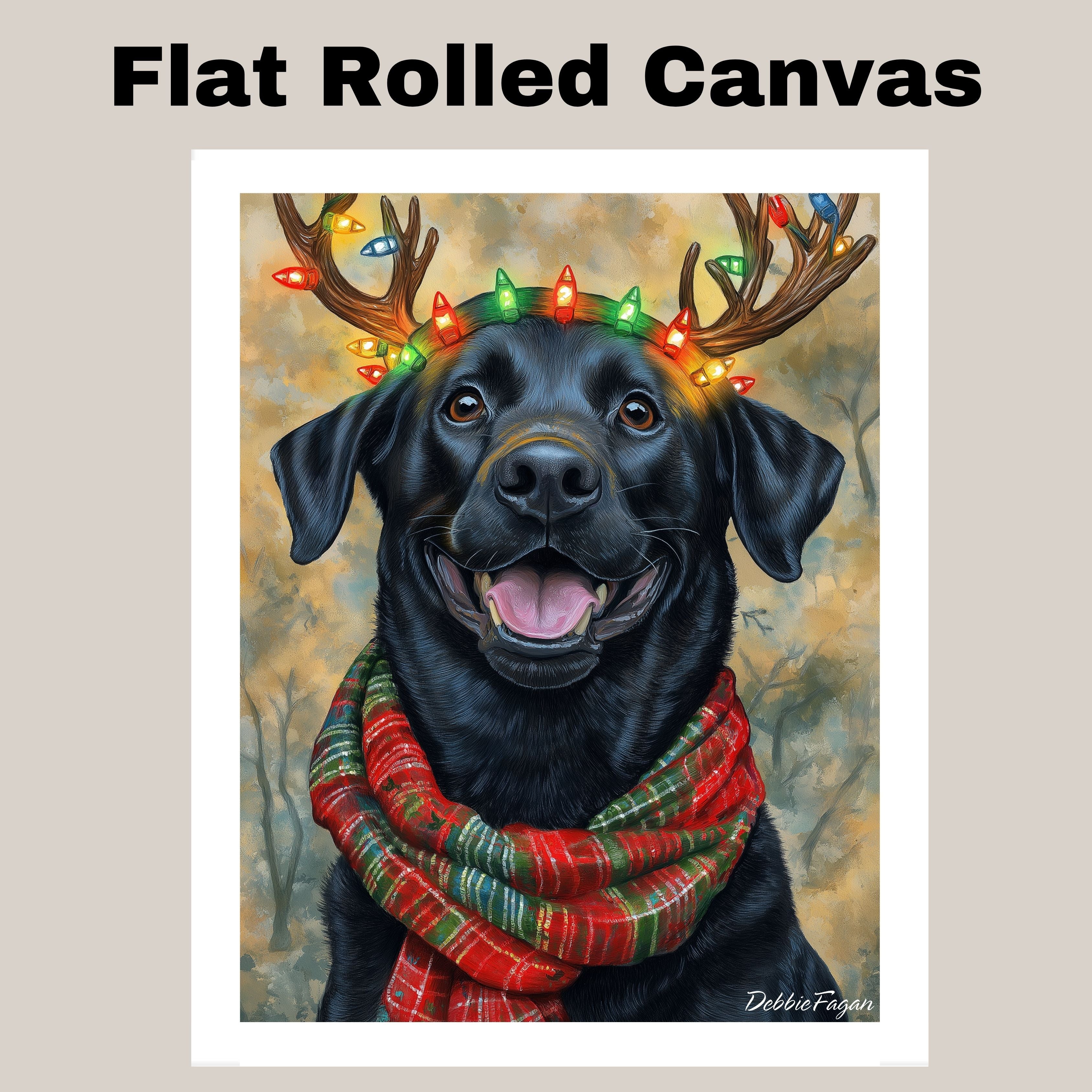 Forest Glow - Black Labrador Dog with Lighted Antlers & Holiday Scarf in Snowy Forest, Ready to Hang 1.5" Thick Canvas Wrap, Floating Framed Canvas, Flat Rolled Canvas