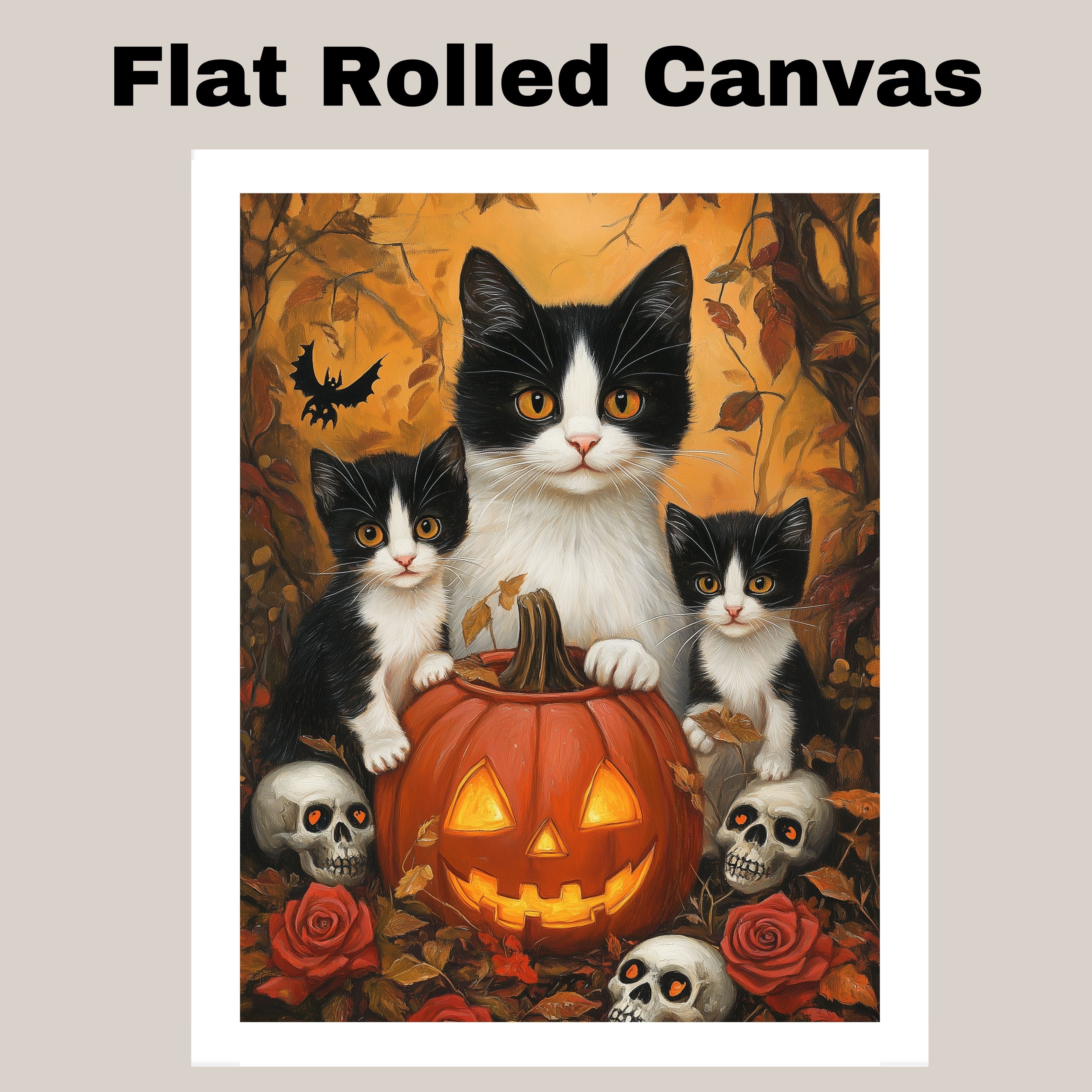Haunted Forest Whispers: Tuxedo Cat Mom and Two Kittens with Pumpkin and Skeleton on Ready to Hang 1.5" Thick Canvas Wrap, Floating Framed Canvas, Flat Rolled Canvas
