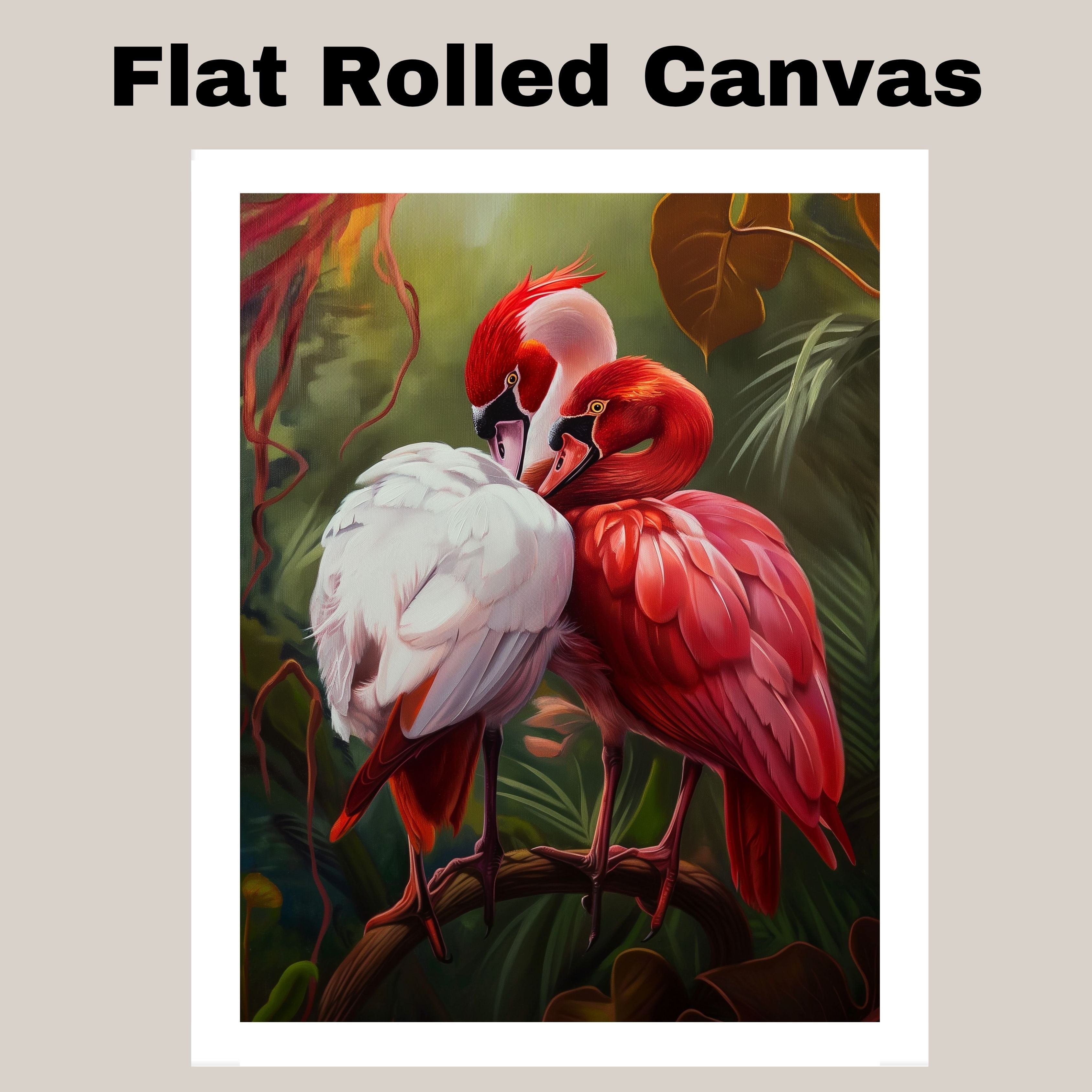 Elegant Flamingo Pair in Lush Jungle Setting with Red and White Plumage and Tropical Foliage Creating a Romantic and Exotic Wildlife Scene on Ready to Hang 1.5" Thick Canvas Wrap, Floating Framed Canvas, Flat Rolled Canvas