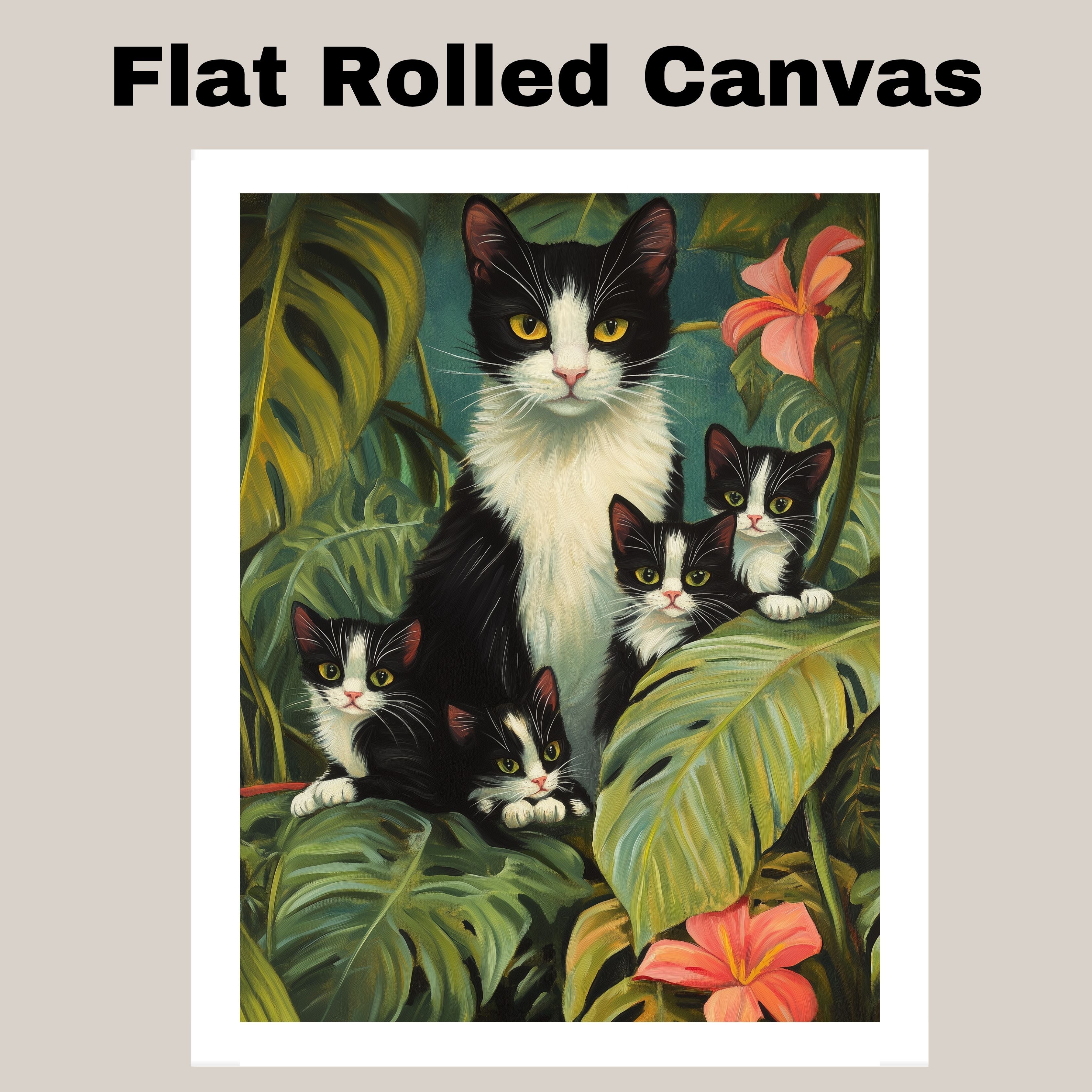Jungle Retreat: Tuxedo Cat Mom and Four Kittens Exploring a Lush Tropical Paradise on Ready to Hang 1.5" Thick Canvas Wrap, Floating Framed Canvas, Flat Rolled Canvas