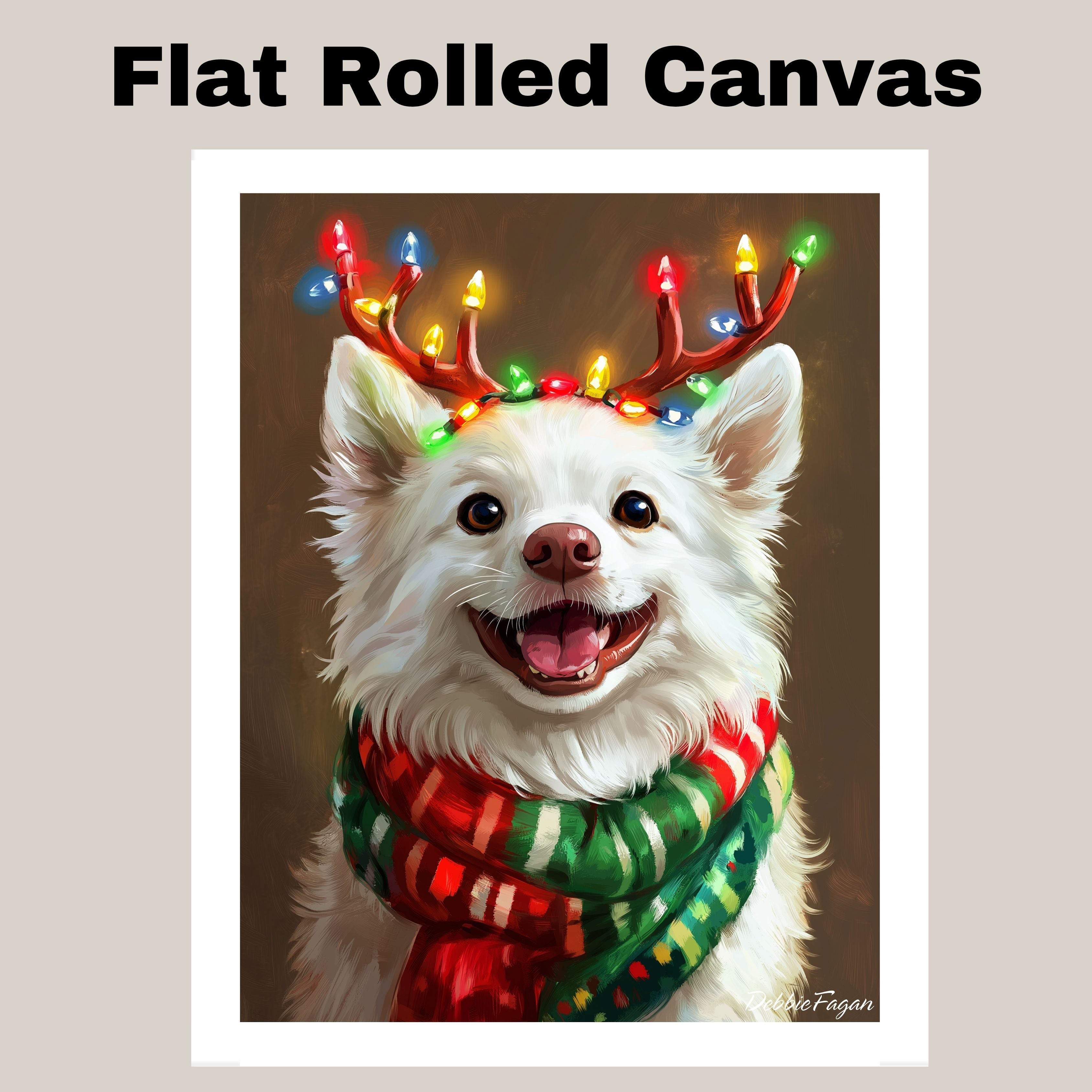 Frosty Festivities' - American Eskimo Dog with Twinkling Antlers & Cozy Scarf on Rustic Background, Ready to Hang 1.5" Thick Canvas Wrap, Floating Framed Canvas, Flat Rolled Canvas