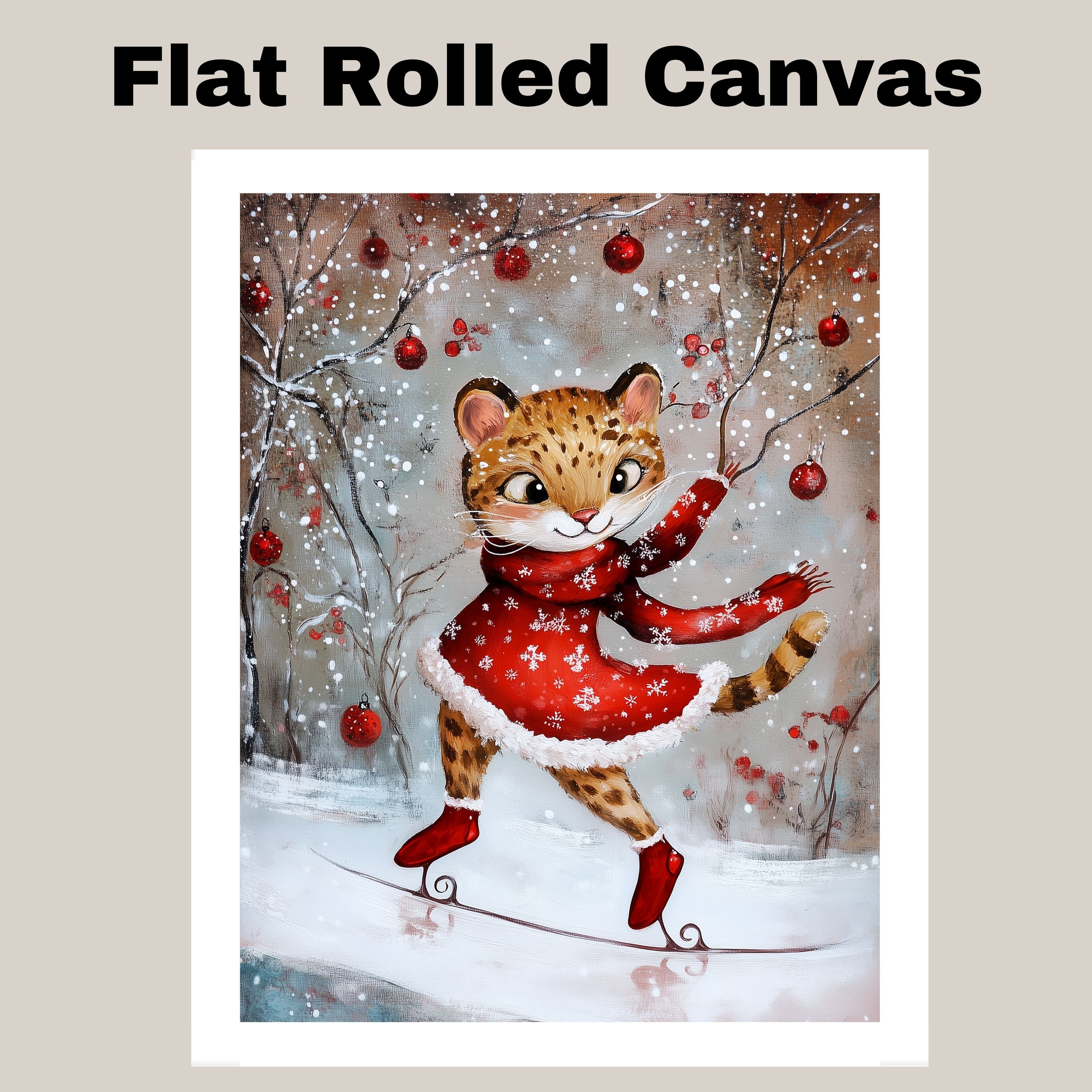Charming Christmas Cougar Ice Skating in Red Dress Whimsical Holiday Art Featuring Playful Wild Cat in Snowy Forest for Winter Decor and Animal Lovers on Ready to Hang 1.5" Thick Canvas Wrap, Floating Framed Canvas, Flat Rolled Canvas