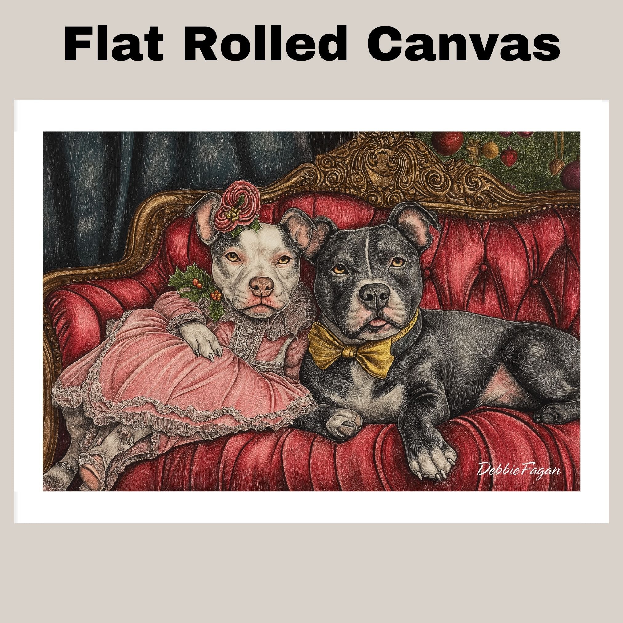 American Pit Bull Christmas Canvas - "Victorian Vibes: Posh Pit Bulls on a Couch" - Dressed in Vintage Attire on Ready to Hang 1.5" Thick Canvas Wrap, Floating Framed Canvas, Flat Rolled Canvas