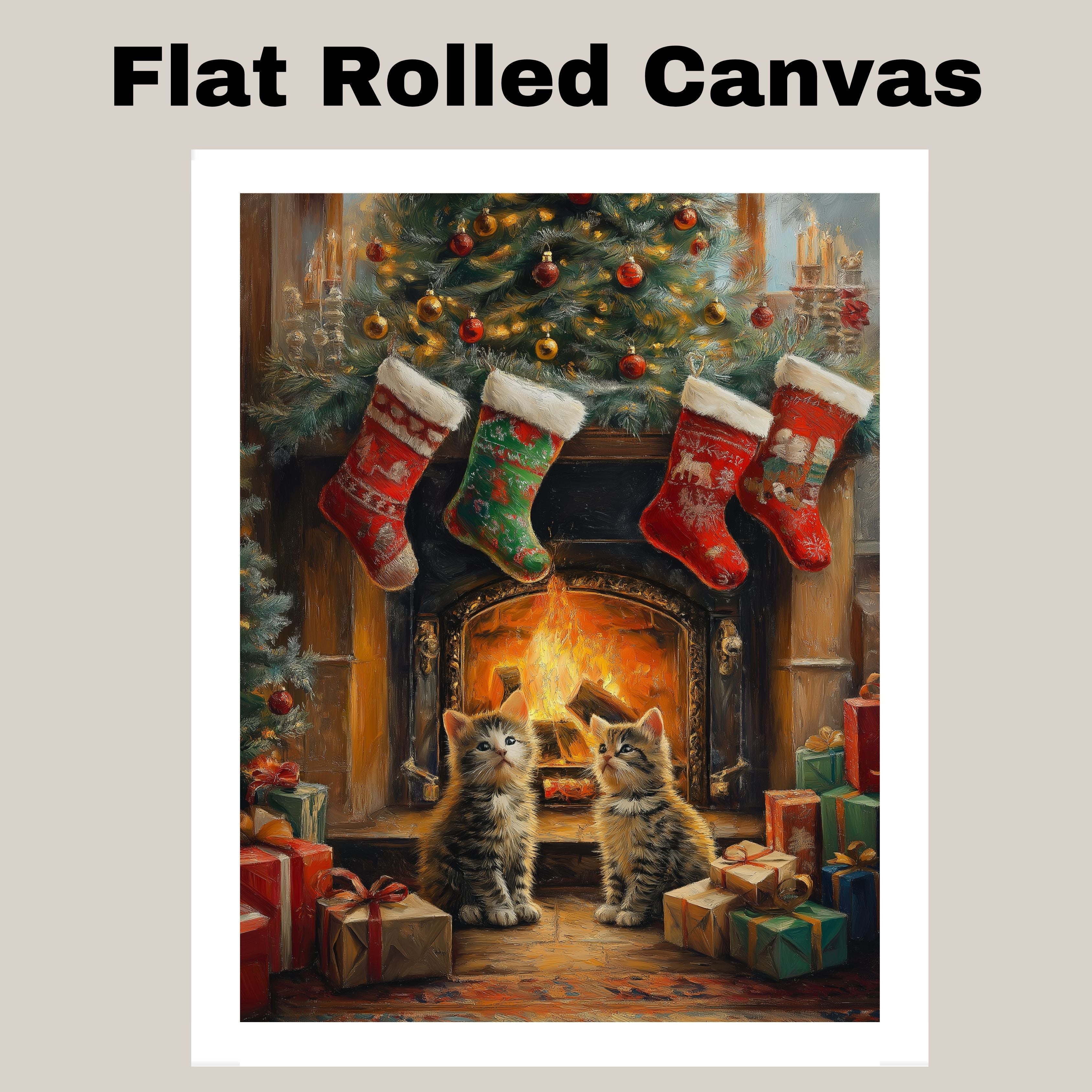 Adorable Christmas Kittens Sitting by Fireplace with Stockings and Tree Festive Holiday Scene Perfect for Home Winter Decor and Seasonal Gift on Ready to Hang 1.5" Thick Canvas Wrap, Floating Framed Canvas, Flat Rolled Canvas