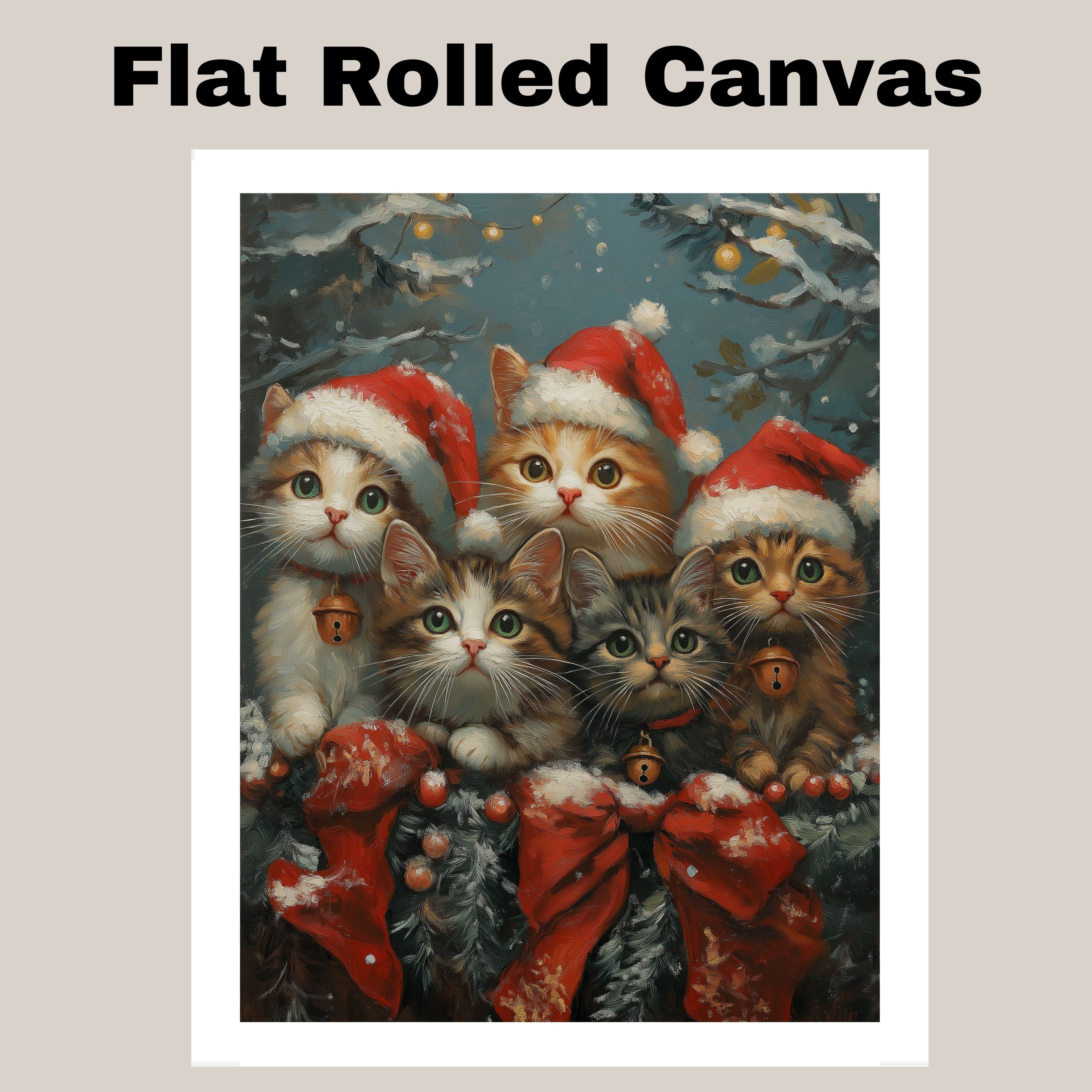 Vintage Style Painting of Five Christmas Kittens in Santa Hats with Bells and Red Bows Perfect for Holiday Decor or a Cute Seasonal Gift for Cat Lovers on Ready to Hang 1.5" Thick Canvas Wrap, Floating Framed Canvas, Flat Rolled Canvas