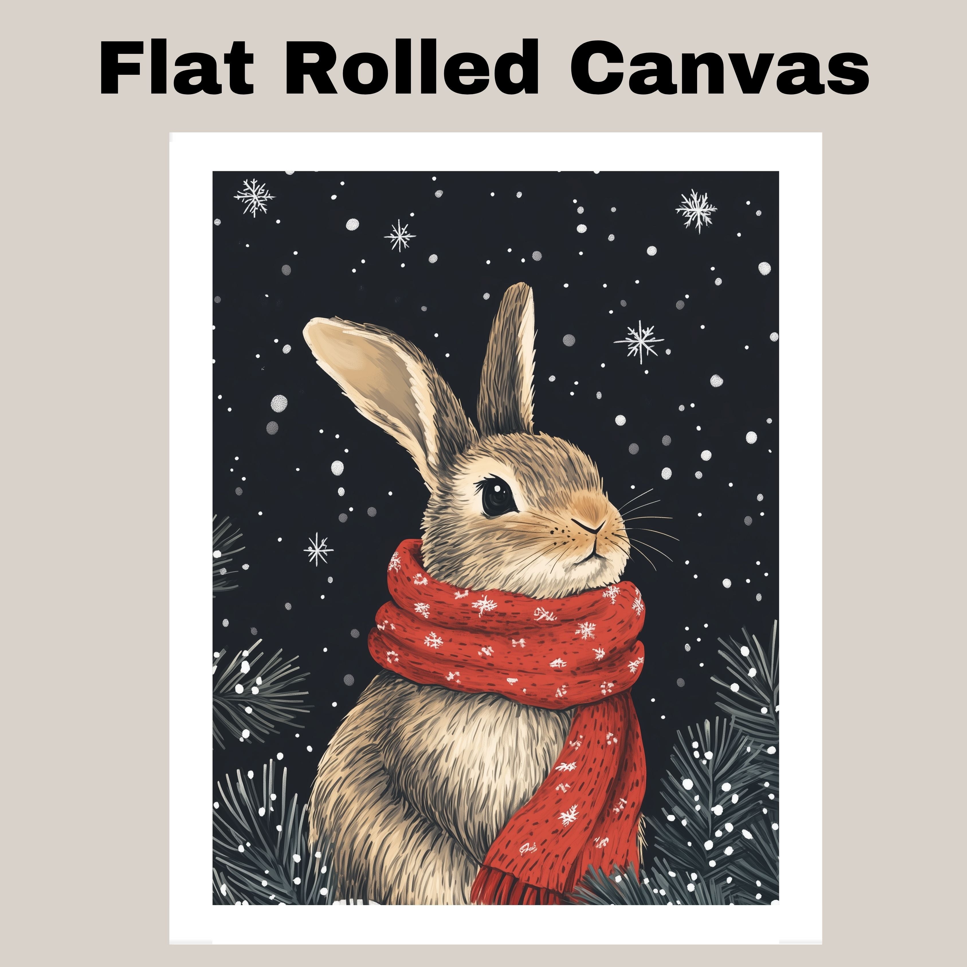 "Winter Wonderland Bunny" - Bunny in Red Scarf Sitting in Snow on Ready to Hang 1.5" Thick Canvas Wrap, Floating Framed Canvas, Flat Rolled Canvas