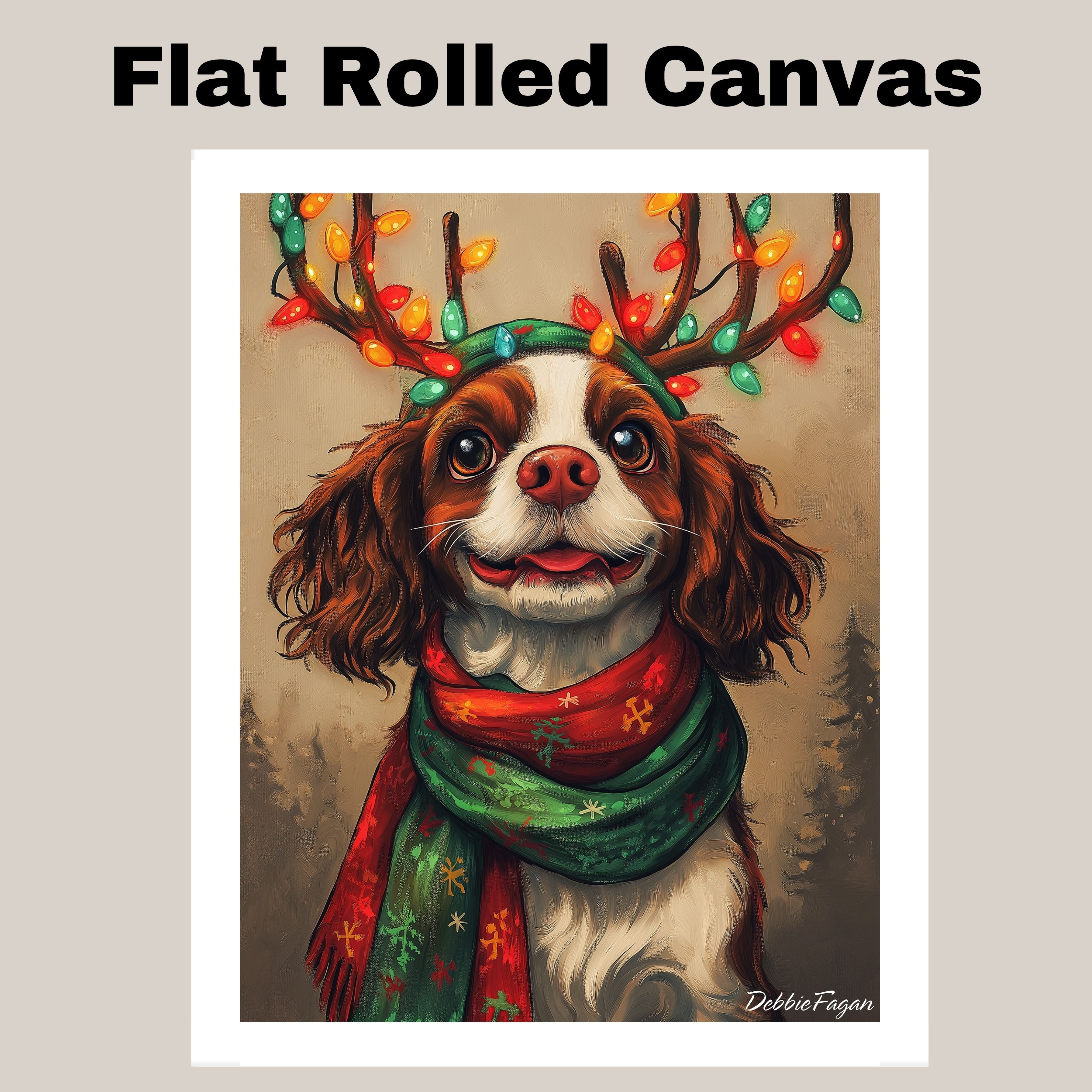 "Forest Frost" - Cavalier King Charles Dog with Lighted Antlers & Festive Scarf in Snowy Forest, Ready to Hang 1.5" Thick Canvas Wrap, Floating Framed Canvas, Flat Rolled Canvas