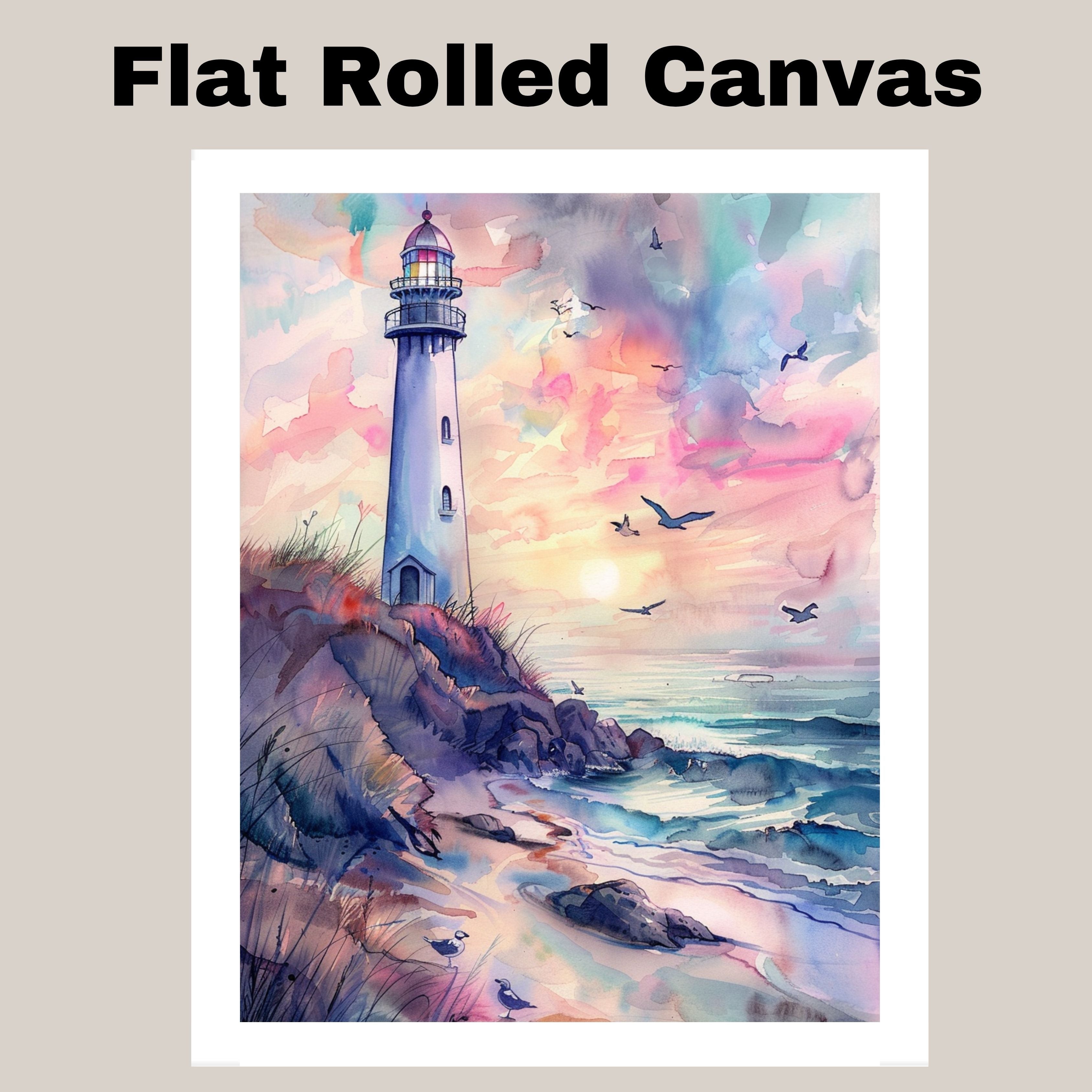 Elegant Lighthouse on Coastal Cliff with Pastel Sunset Sky and Ocean Waves in Soothing Watercolor Seaside Painting on Ready to Hang 1.5" Thick Canvas Wrap, Floating Framed Canvas, Flat Rolled Canvas