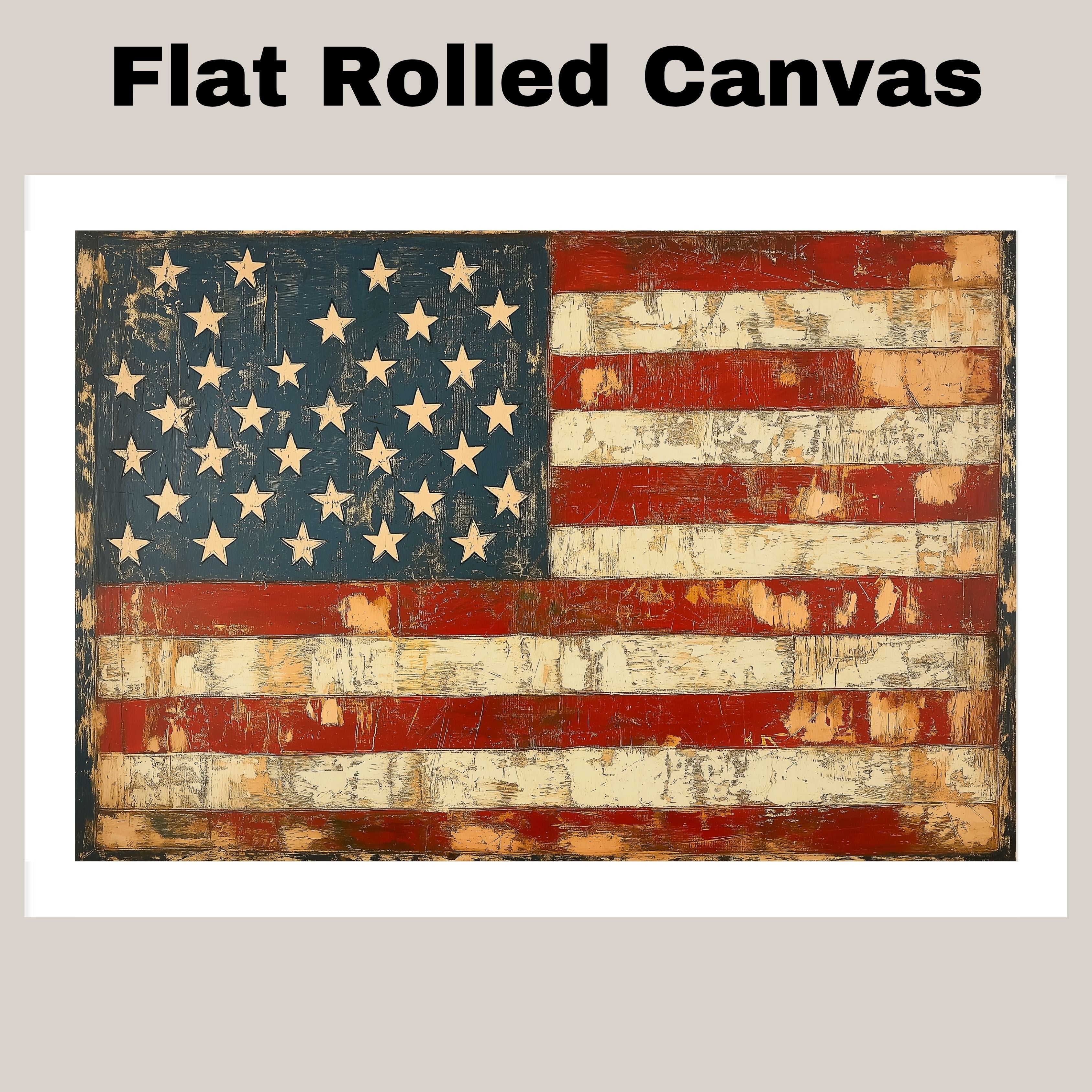 Rustic American Flag in Vintage Folk Art Style with Distressed Texture, Aged Red White and Blue Stripes, and Weathered Stars for Timeless Patriotic Charm on Ready to Hang 1.5" Thick Canvas Wrap, Floating Framed Canvas, Flat Rolled Canvas