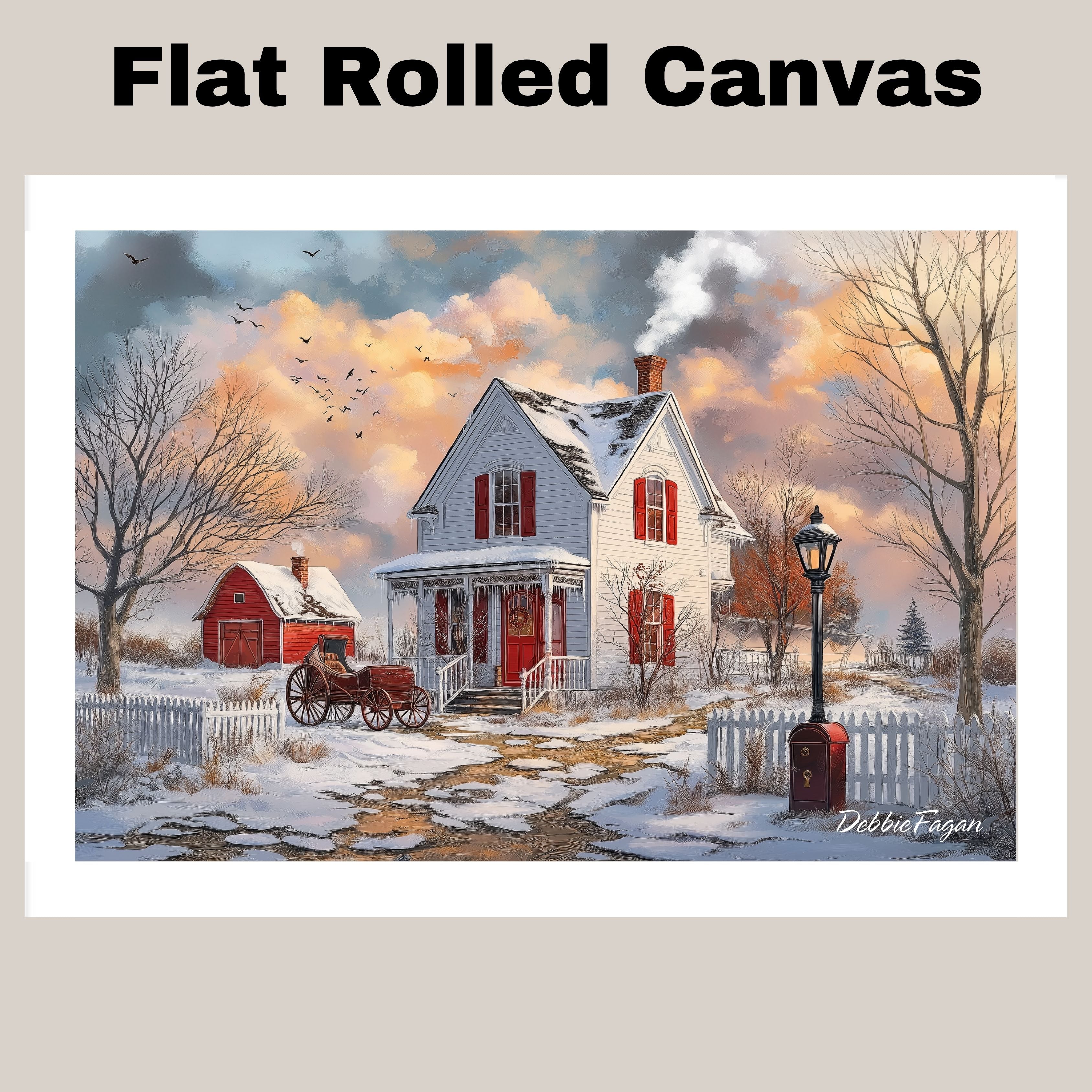 Winter White Farmhouse – Cozy Snow-Covered Country Home with Red Barn and Sleigh Wall Art Print on Ready to Hang 1.5" Thick Canvas Wrap, Floating Framed Canvas, Flat Rolled Canvas