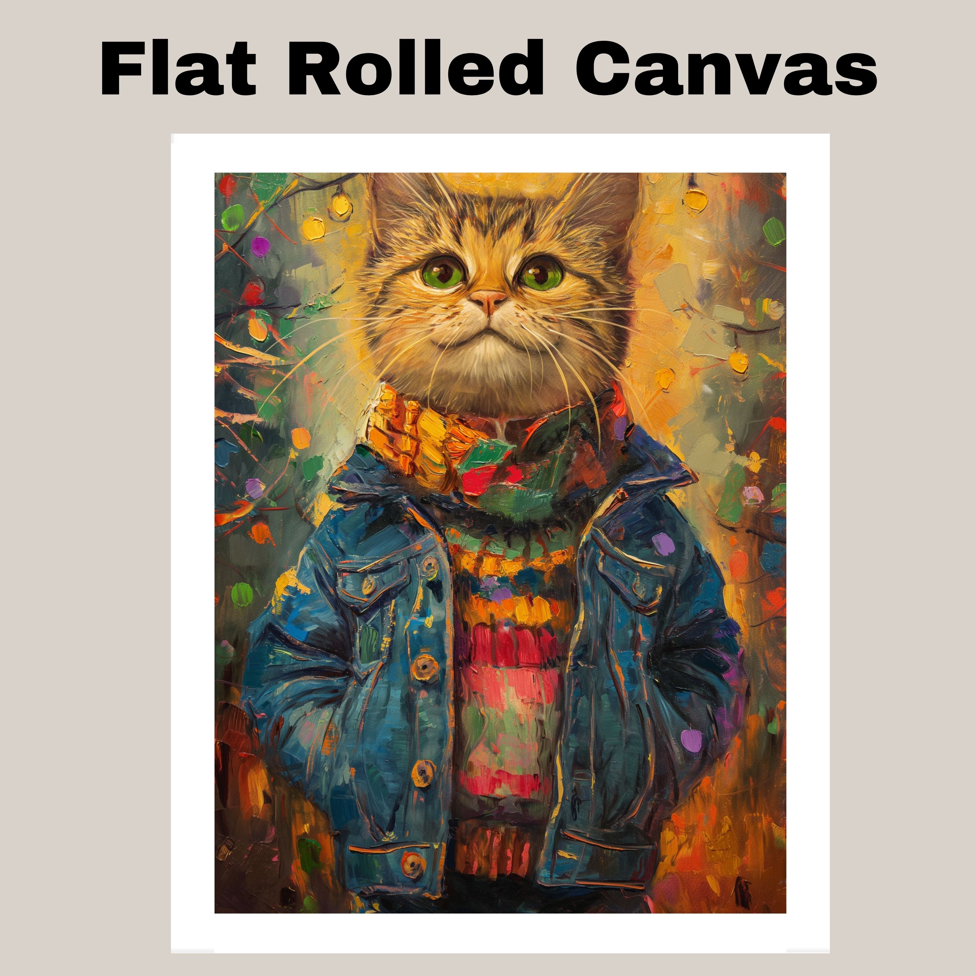 Christmas Kitten in Colorful Jacket and Scarf Adorable Holiday Cat Painting Festive Winter Lights Scene Perfect for Cozy Home Office Seasonal Gift on Ready to Hang 1.5" Thick Canvas Wrap, Floating Framed Canvas, Flat Rolled Canvas