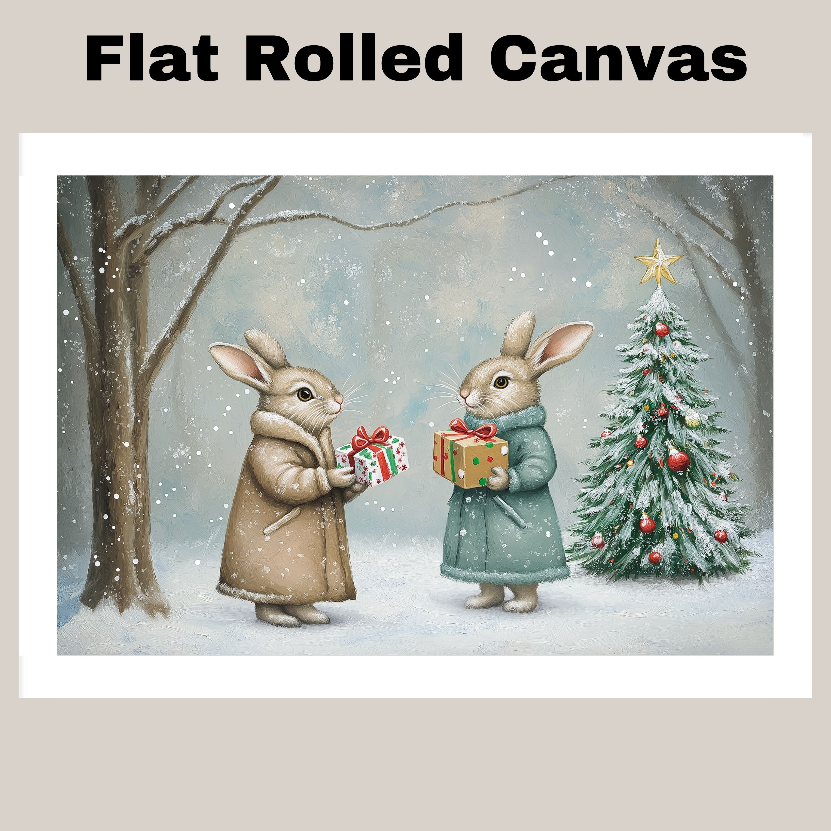 "Winter Wonderland: Gift-Giving Bunnies" Ð Cozy Rabbits in a Snowy Forest Scene on Ready to Hang 1.5" Thick Canvas Wrap, Floating Framed Canvas, Flat Rolled Canvas