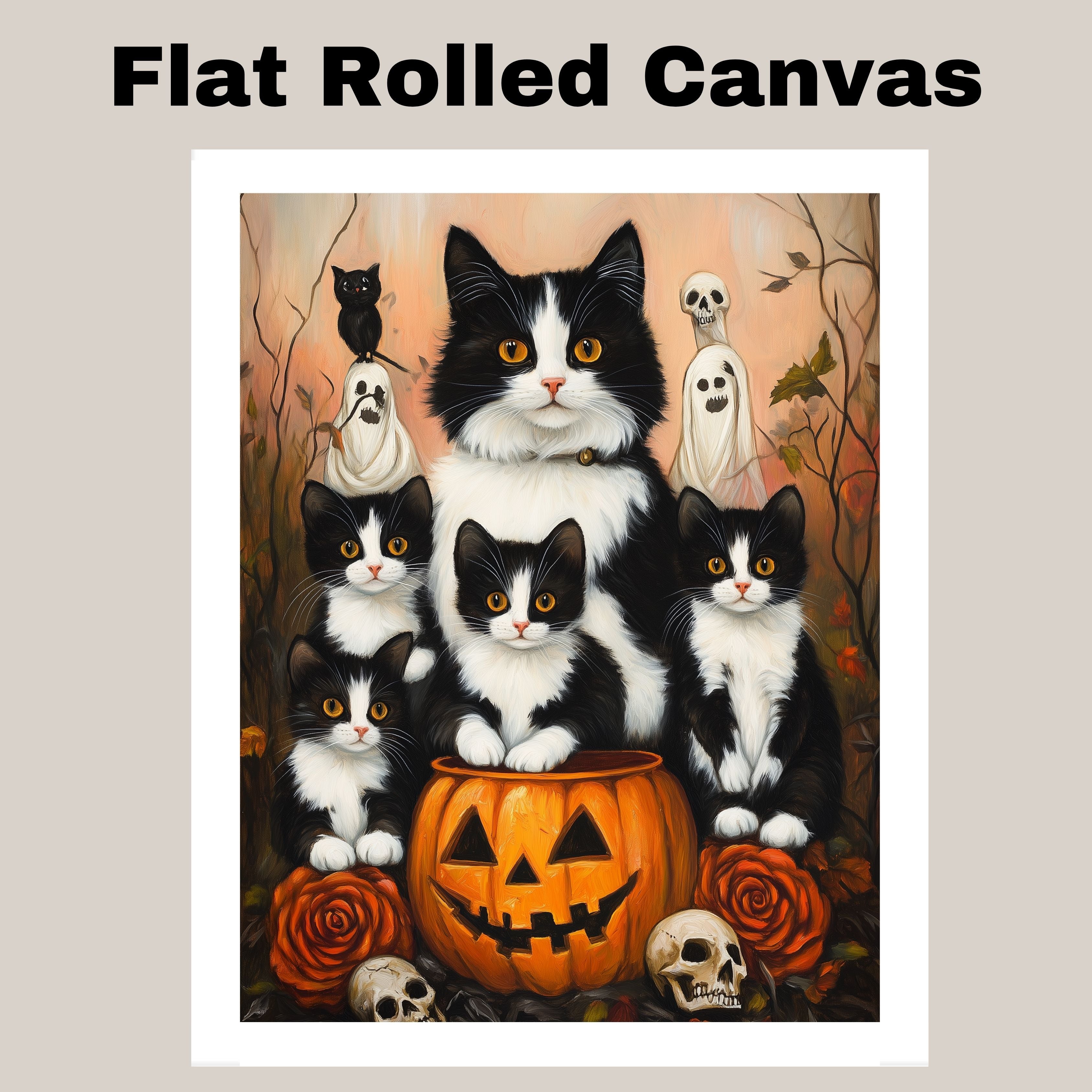 Haunting Whispers: Tuxedo Cat Mom and Four Kittens in a Spooky Forest on Ready to Hang 1.5" Thick Canvas Wrap, Floating Framed Canvas, Flat Rolled Canvas
