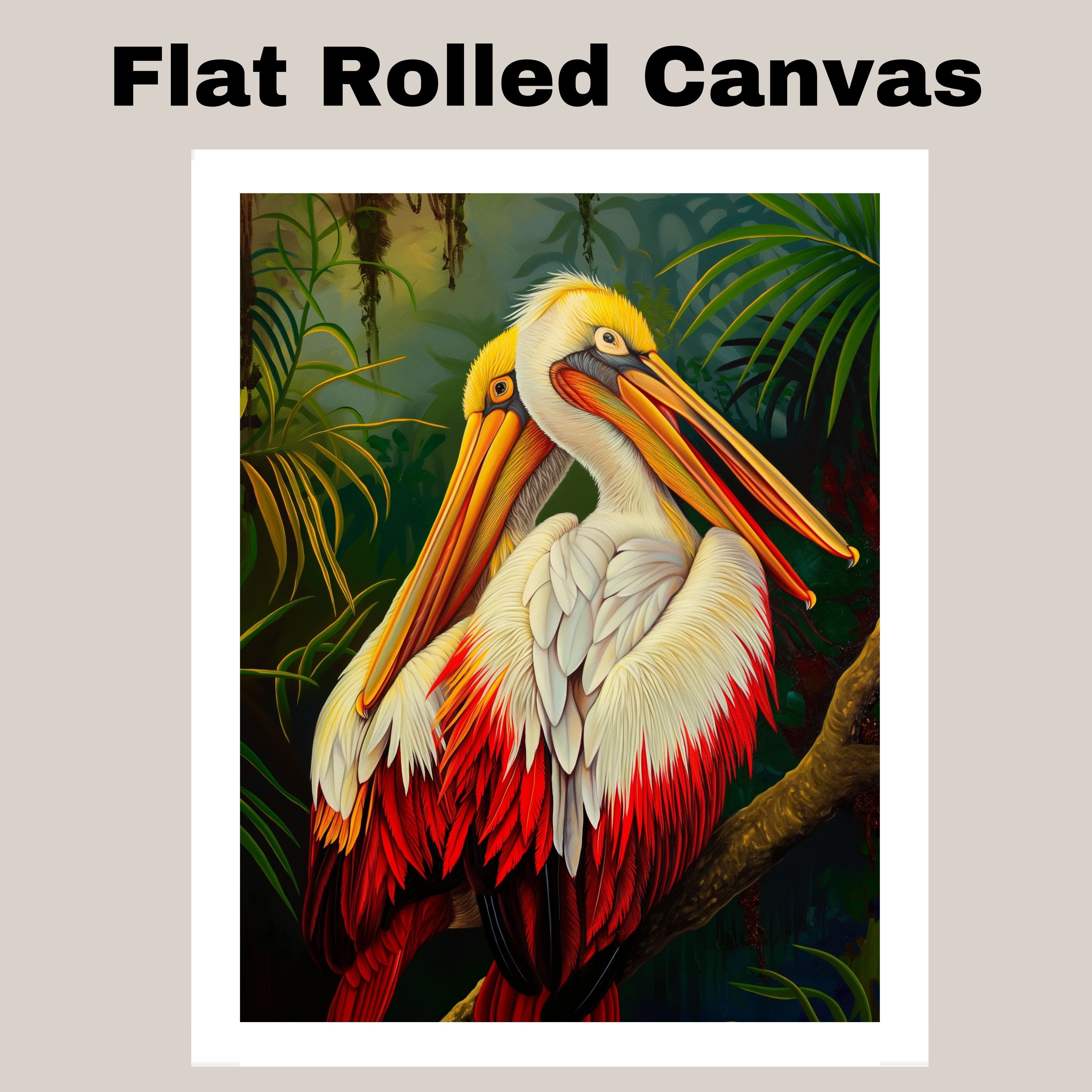 Pair of White and Red Pelicans with Golden Beaks Resting on a Jungle Branch Surrounded by Lush Tropical Foliage in a Vibrant Rainforest Setting on Ready to Hang 1.5" Thick Canvas Wrap, Floating Framed Canvas, Flat Rolled Canvas