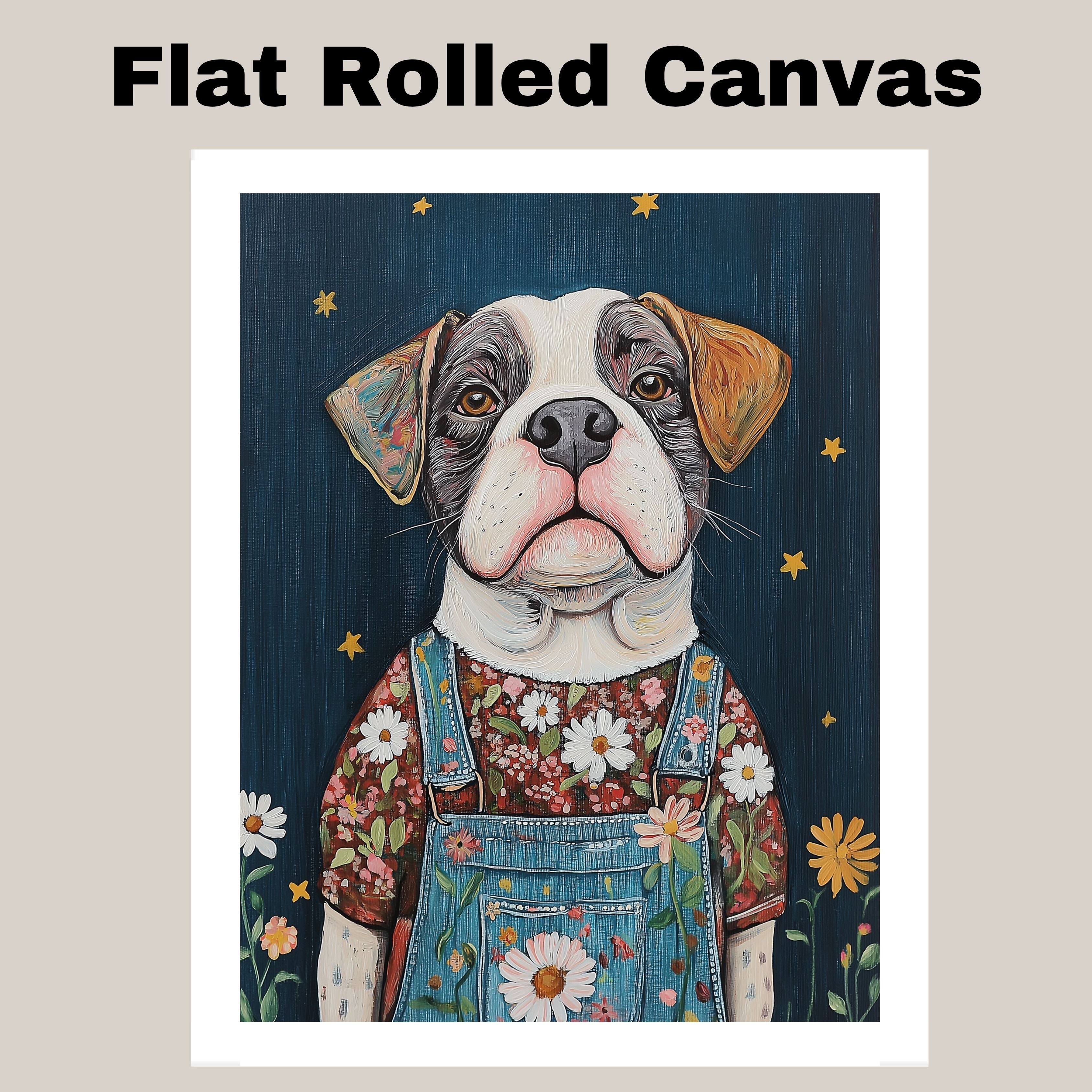 Charming Dog in Overalls and Floral Shirt Under Starry Sky Whimsical Dog Art Farmhouse Nursery Living Room Decor Perfect for Dog Lovers and Gift Ideas on Ready to Hang 1.5" Thick Canvas Wrap, Floating Framed Canvas, Flat Rolled Canvas