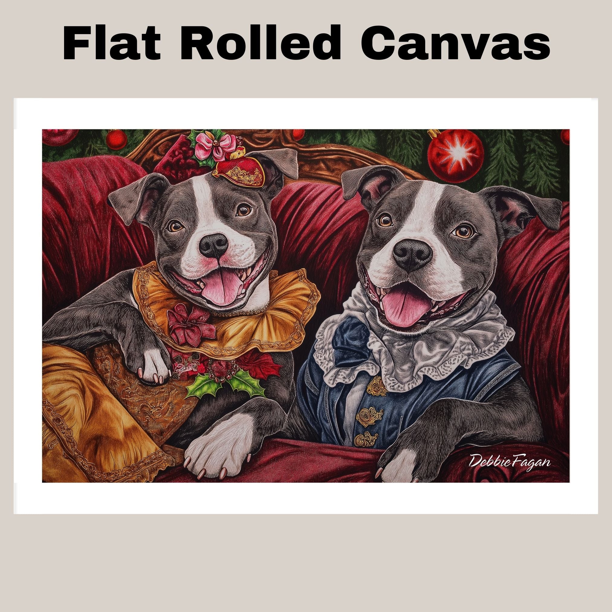 Staffie Christmas Canvas - "Victorian Whimsy" - American Staffordshire Bull Terriers in Elegant Attire on Ready to Hang 1.5" Thick Canvas Wrap, Floating Framed Canvas, Flat Rolled Canvas