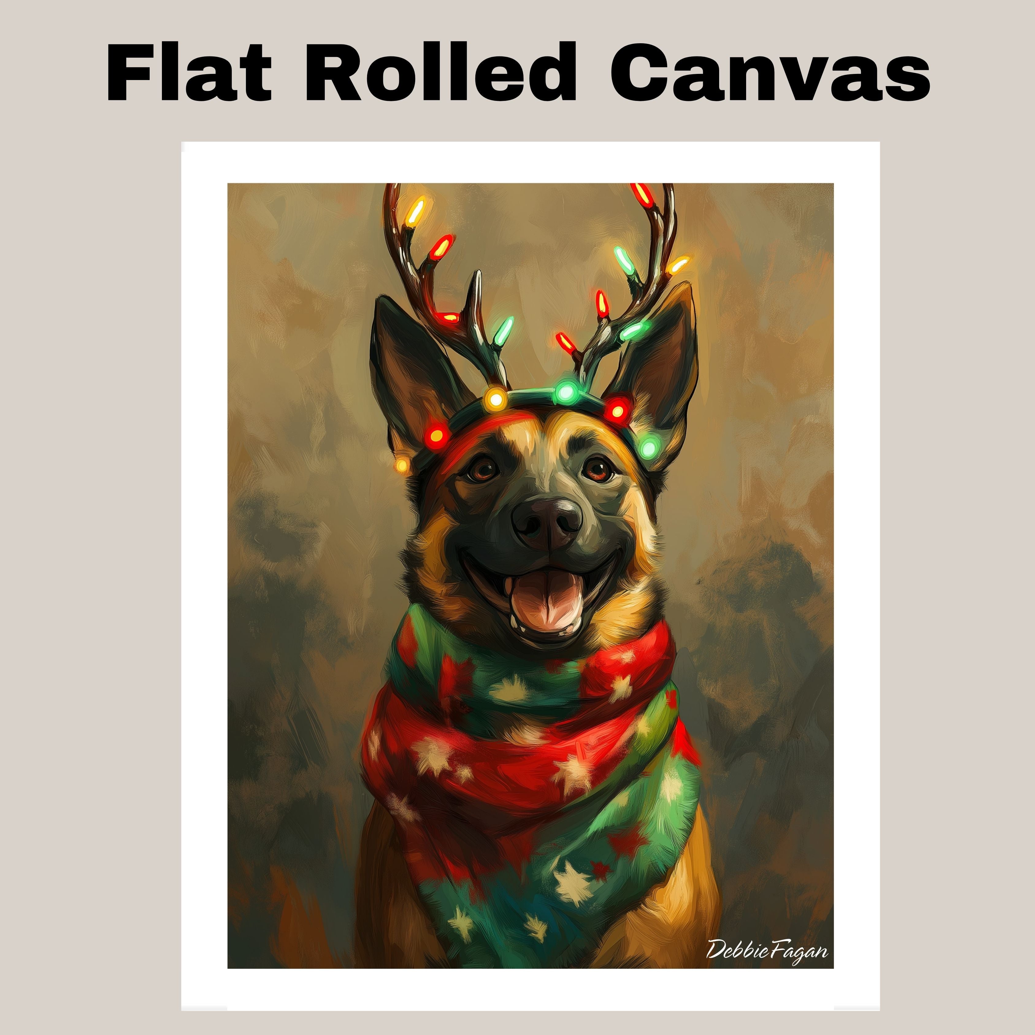 Rustic Antlers' - Belgian Malinois Dog with Lighted Antlers & Festive Scarf on Rustic Canvas, Ready to Hang 1.5" Thick Canvas Wrap, Floating Framed Canvas, Flat Rolled Canvas