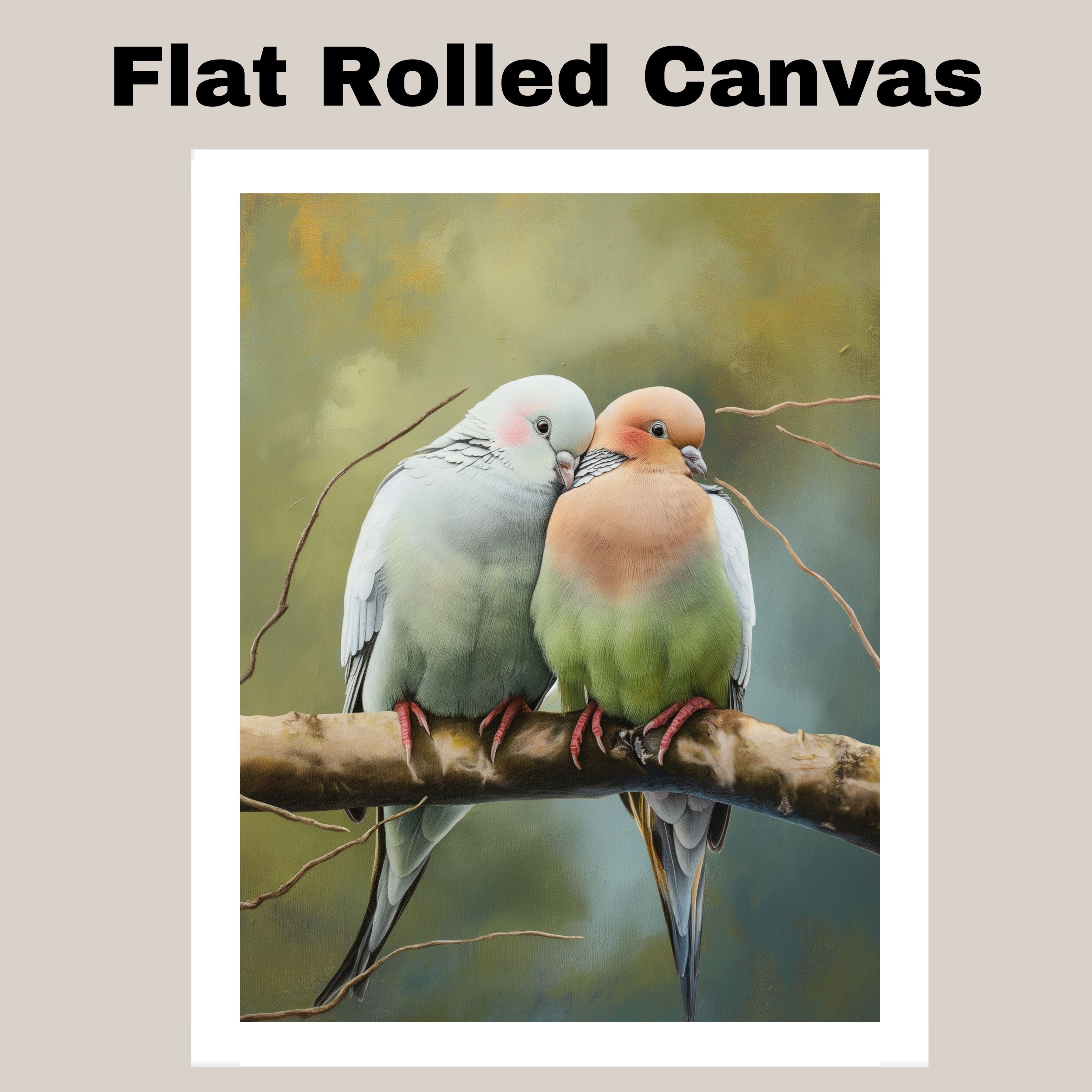 Charming Bird Couple Snuggled on Branch in Soft Pastel Tones with Forest Background Perfect for Romantic Ambiance and Nature Inspired Art Lovers on Ready to Hang 1.5" Thick Canvas Wrap, Floating Framed Canvas, Flat Rolled Canvas