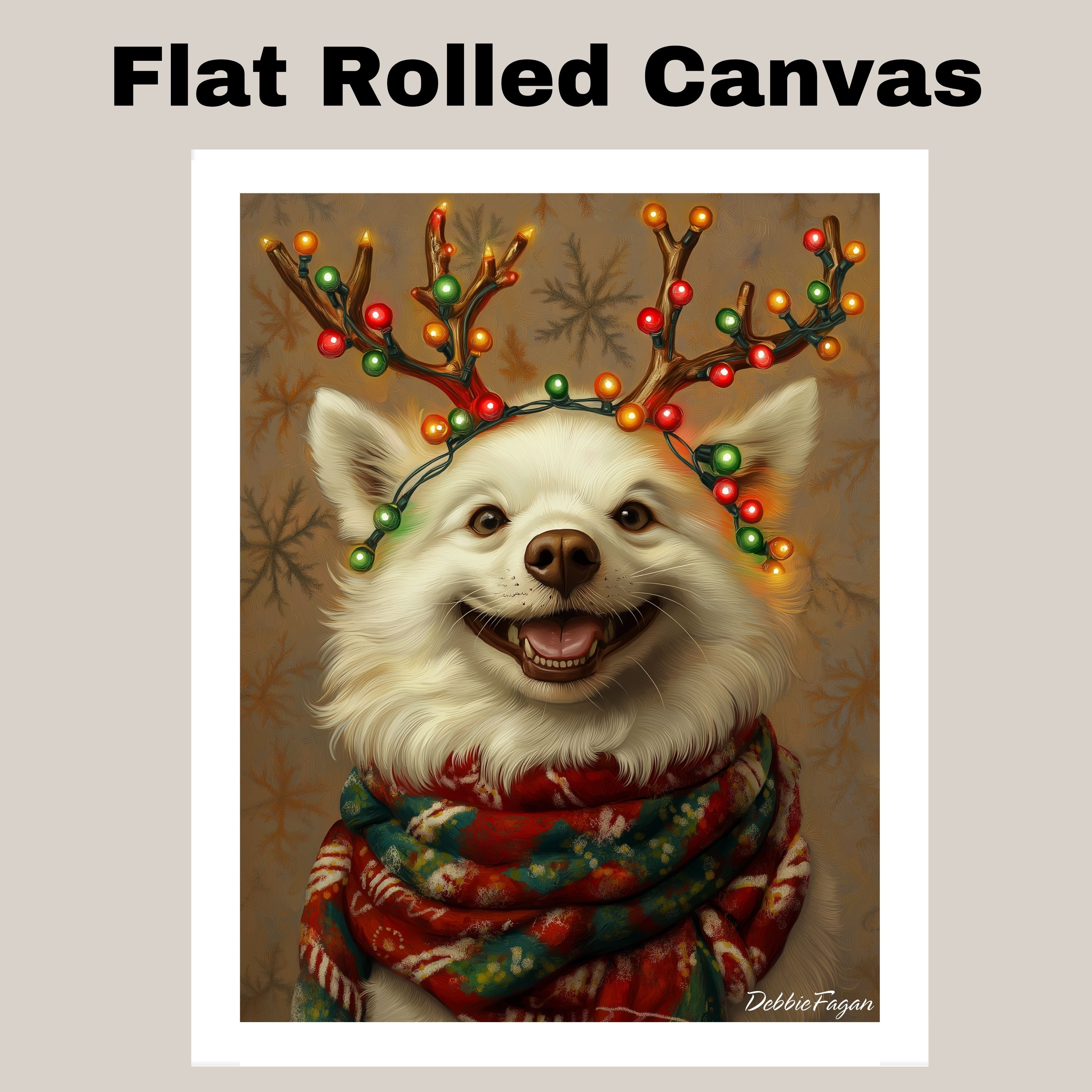 American Eskimo Winter Magic - 'Snowy Sparkle' - American Eskimo Dog with Festive Lighted Antlers & Holiday Scarf, Ready to Hang 1.5" Thick Canvas Wrap, Floating Framed Canvas, Flat Rolled Canvas