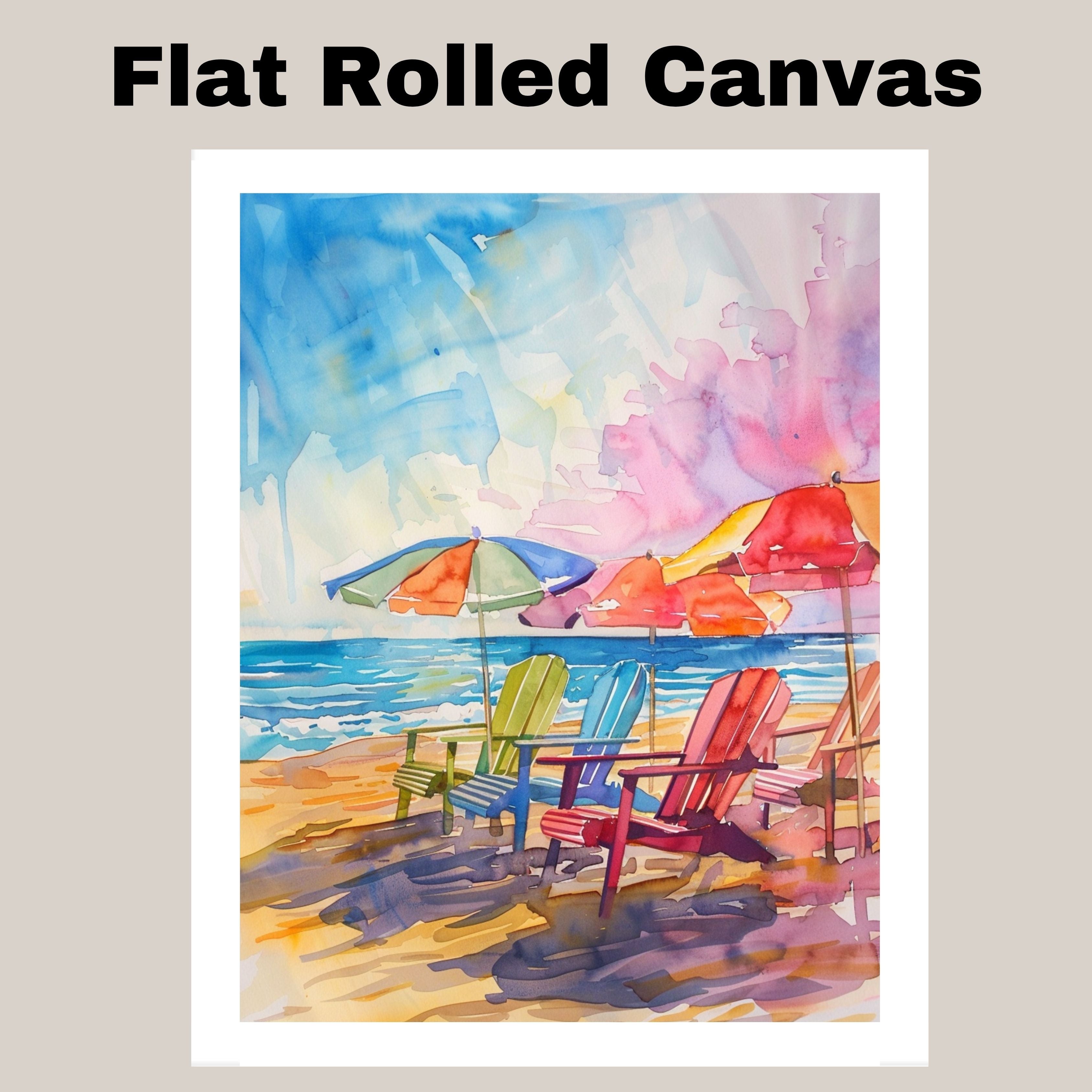 Colorful Watercolor Beach Chairs & Umbrellas Painting – Coastal Ocean Scene on Ready to Hang 1.5" Thick Canvas Wrap, Floating Framed Canvas, Flat Rolled Canvas