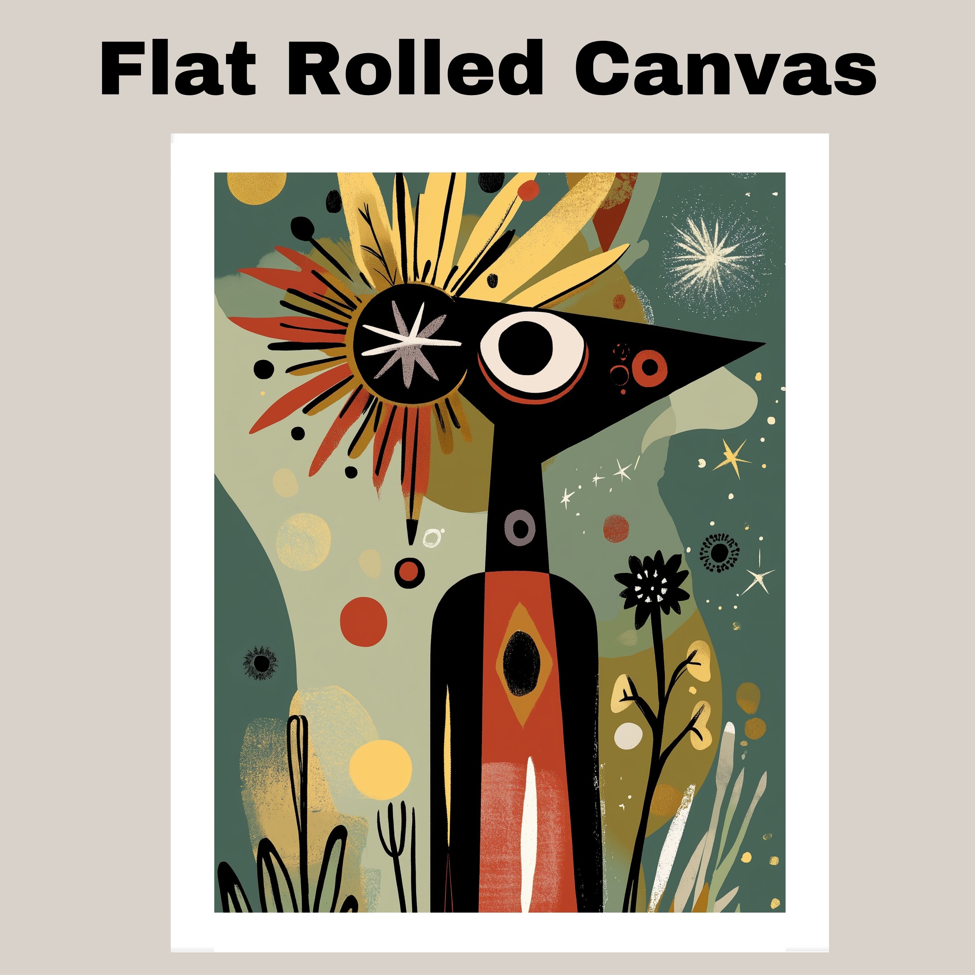 Abstract Tribal-Inspired Figure in Cosmic Botanical Scene with Mid-Century Modern and Folk Art Elements on Ready to Hang 1.5" Thick Canvas Wrap, Floating Framed Canvas, Flat Rolled Canvas