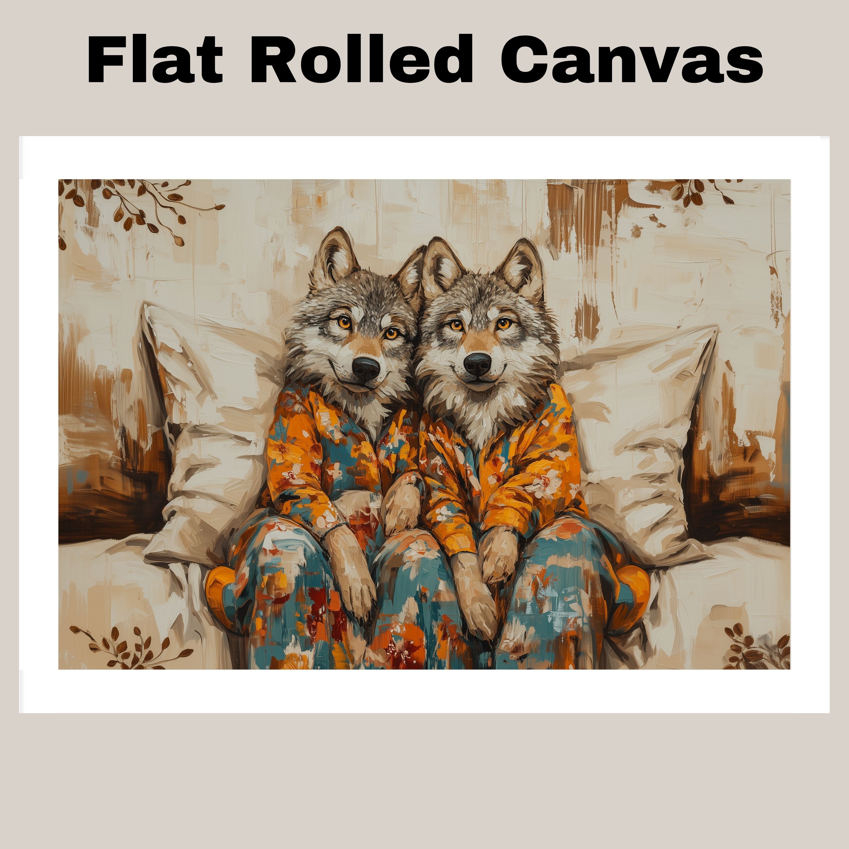 Majestic Painting of Two Wolves in Pajamas Sitting on a Cozy Bed with Warm Tones and Floral Accents in a Whimsical Woodland-Inspired Composition on Ready to Hang 1.5" Thick Canvas Wrap, Floating Framed Canvas, Flat Rolled Canvas